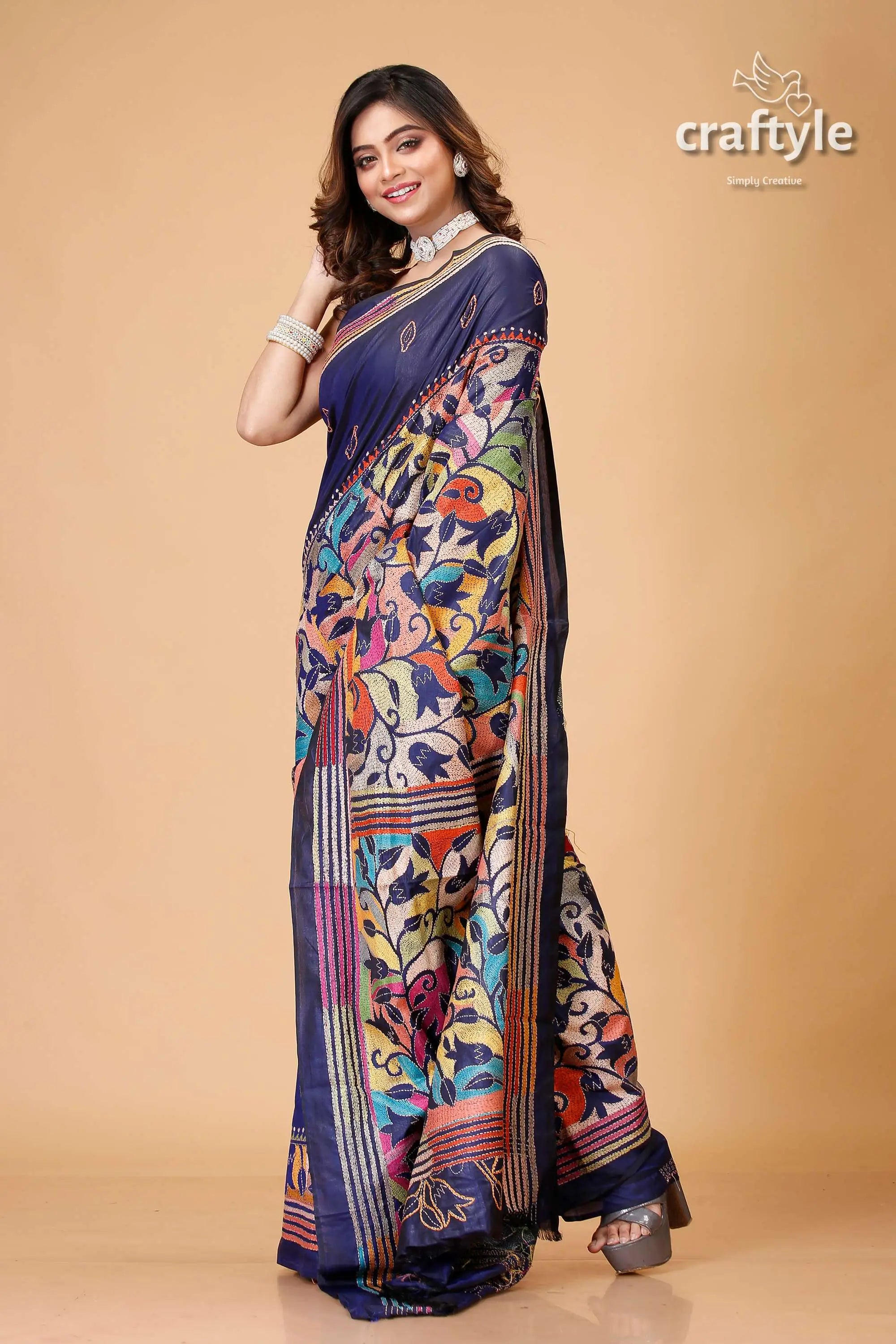 Navy blue tulip motif kantha silk sari - reverse stitch elegant blue saree colorful floral 4