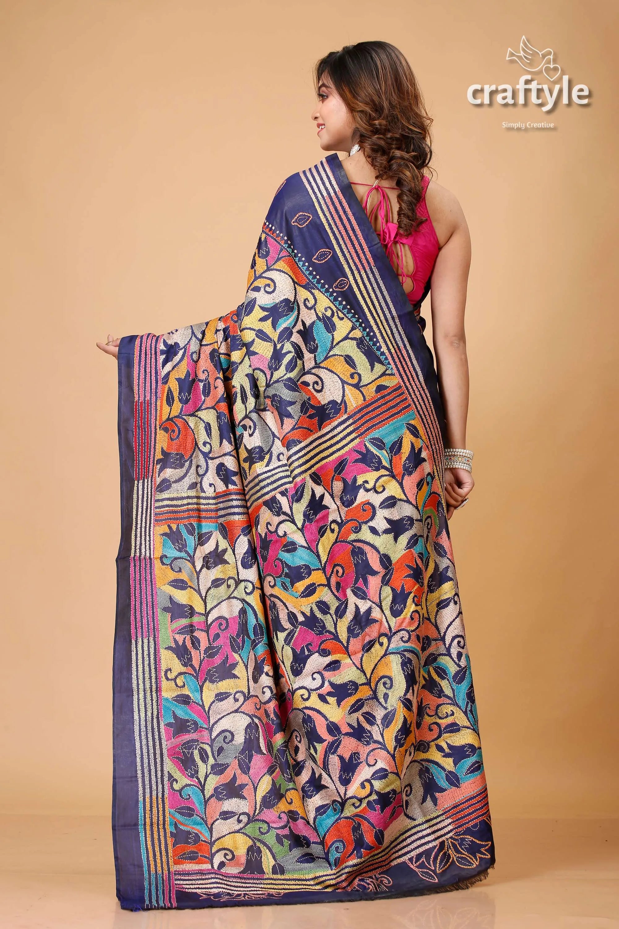 Navy blue tulip motif kantha silk sari - reverse stitch colorful floral-patterned saree 5