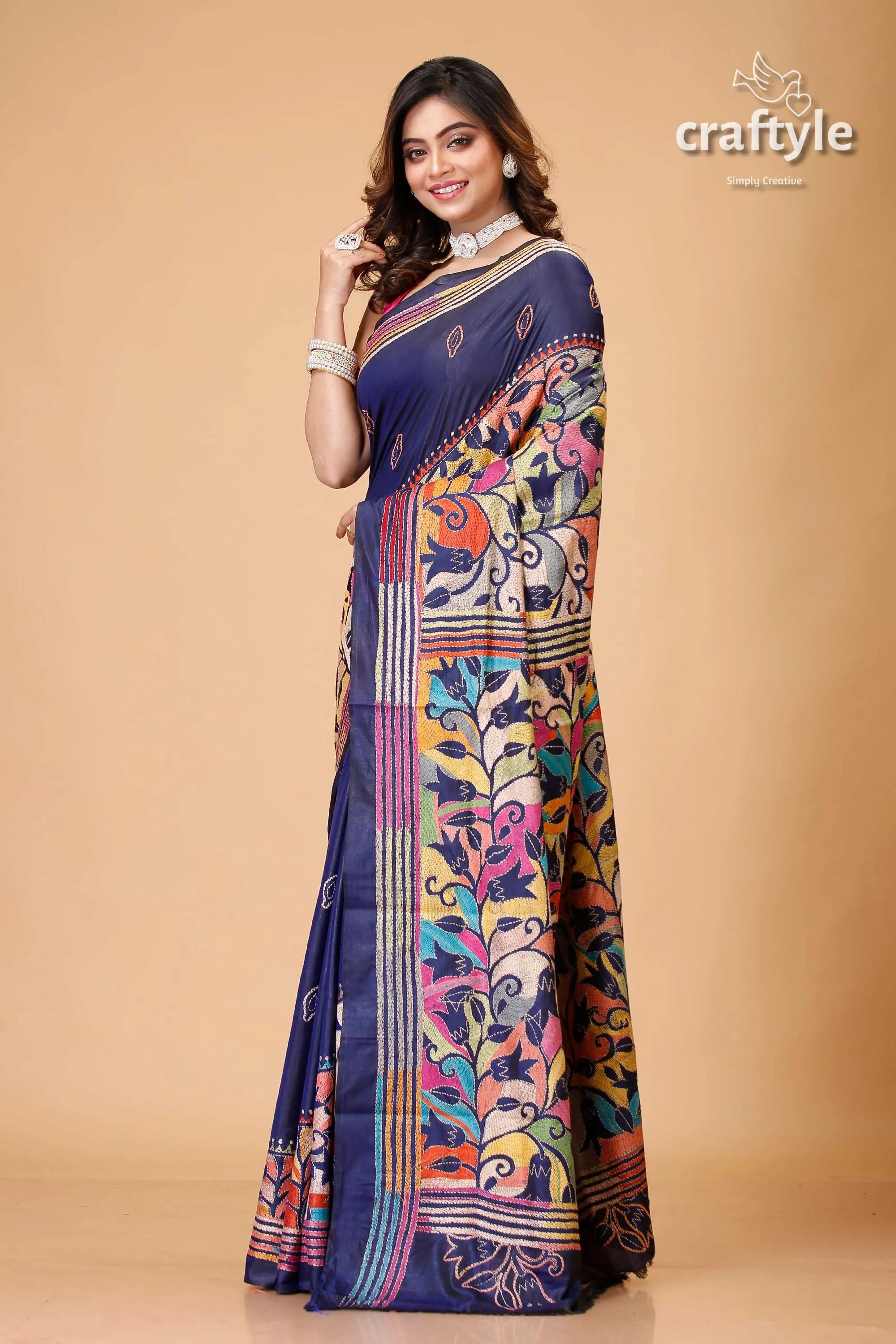 Navy blue tulip motif kantha silk sari - reverse stitch woman colorful saree 3