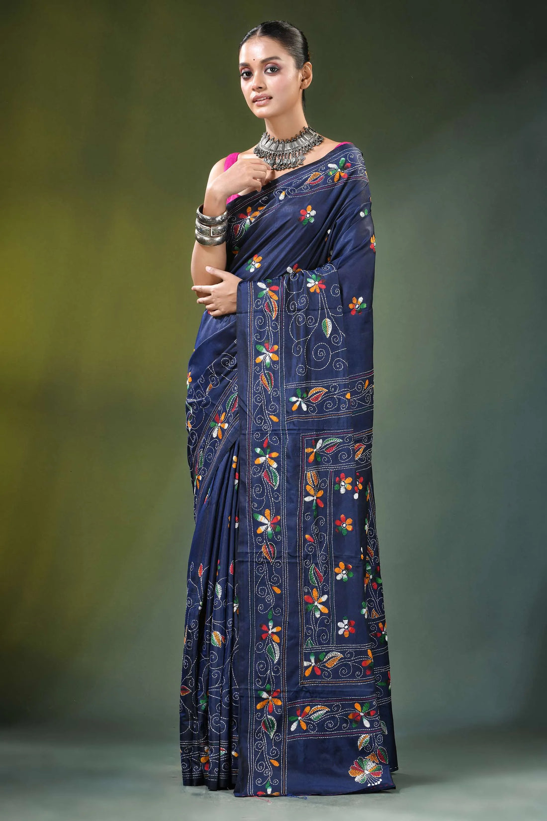 Nile blue multithread fish motif handcrafted kantha silk saree navy adorned intricate 2