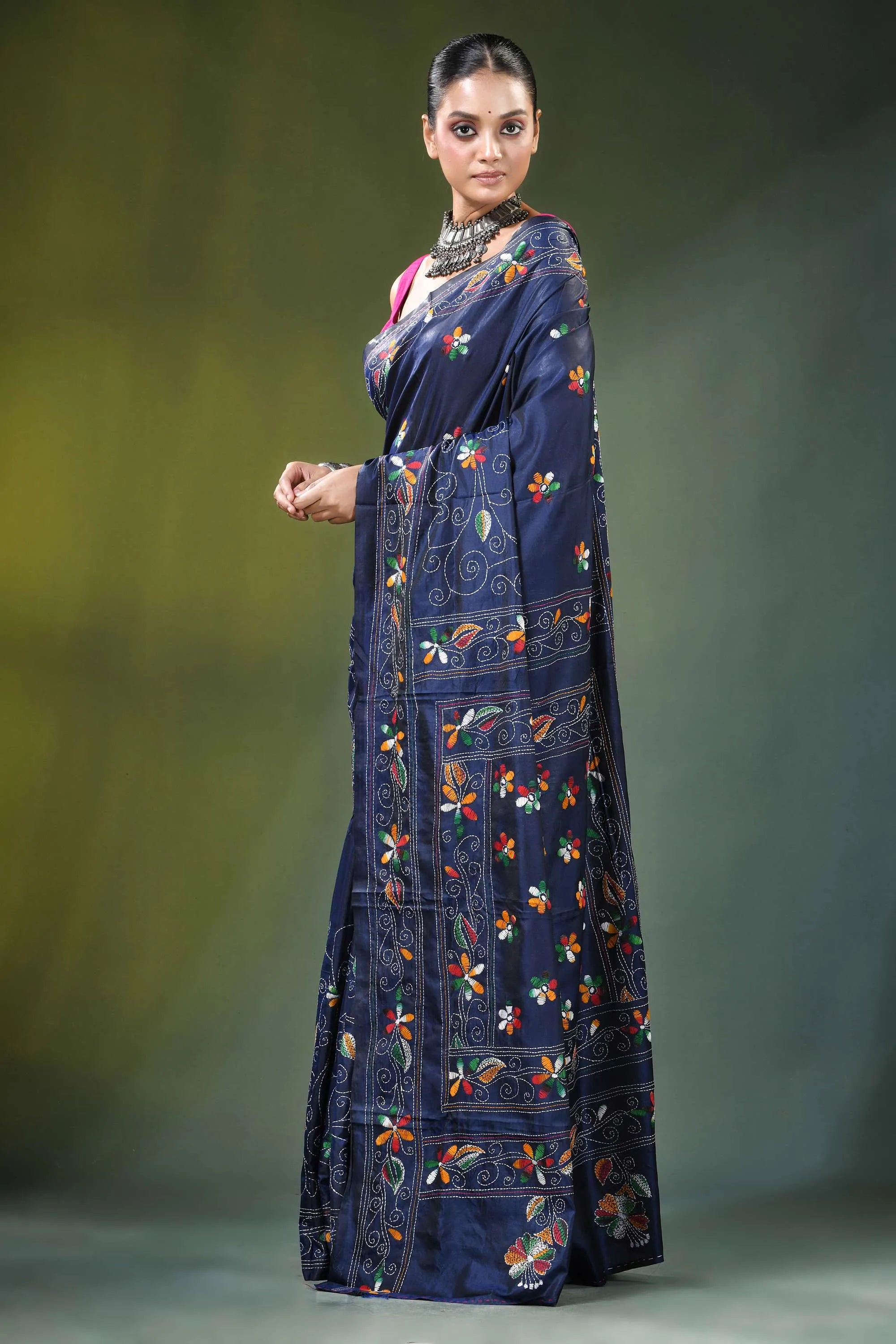 Nile blue multithread fish motif handcrafted kantha silk saree navy adorned intricate 3