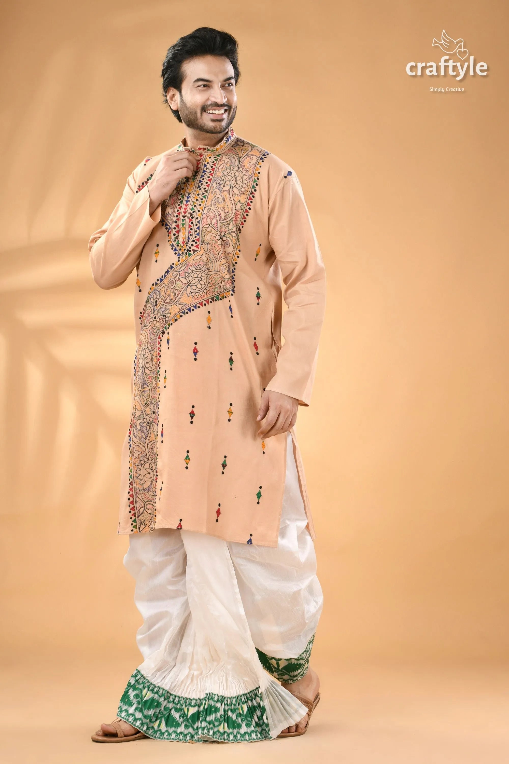 Noble beige kantha work cotton punjabi for men - reverse stitch men’s peach-colored embroidered kurta white 1
