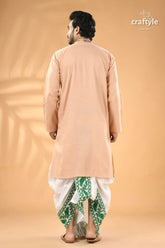 Noble beige kantha work cotton punjabi for men reverse stitch man peach colored kurta white green 6