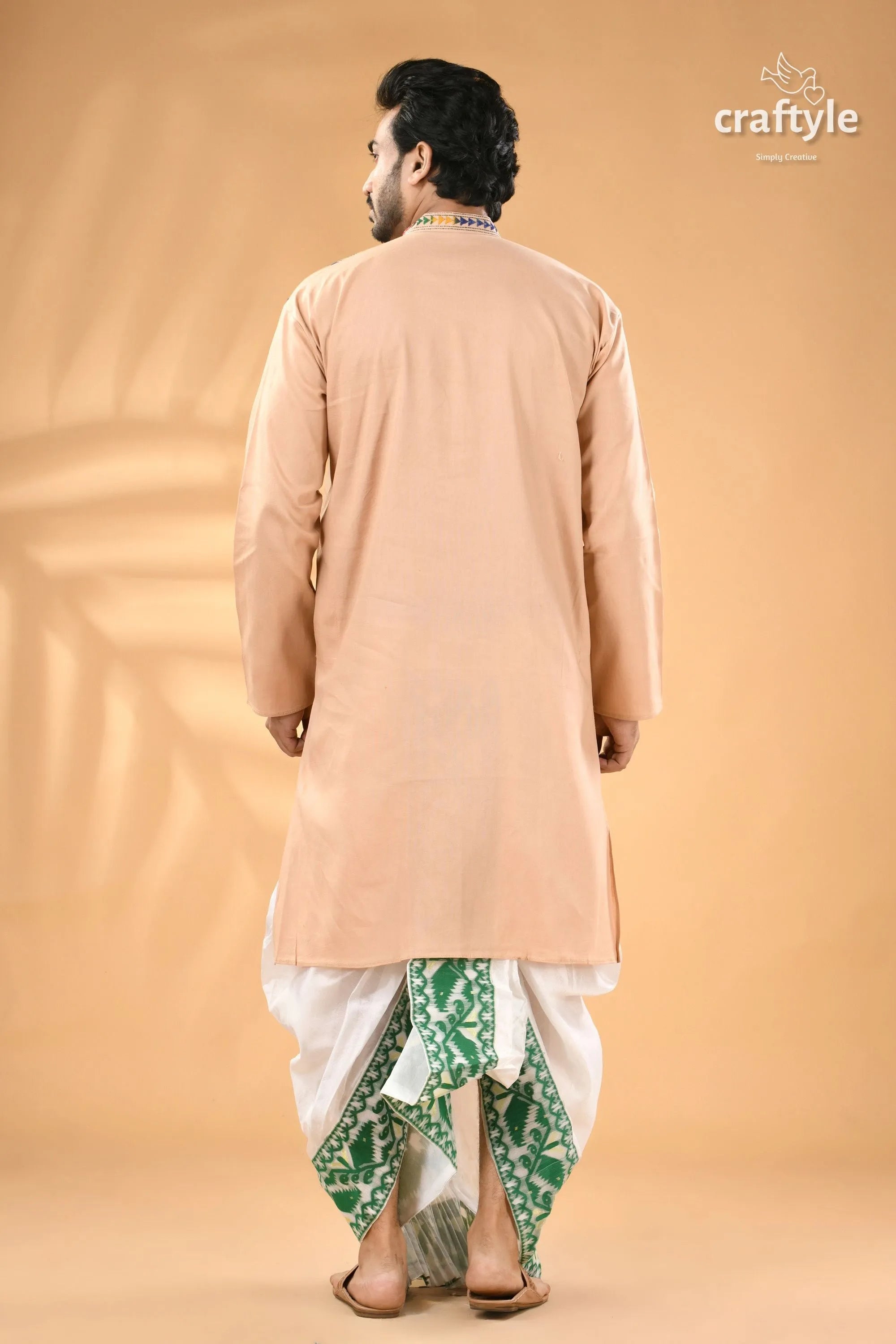 Noble beige kantha work cotton punjabi for men - reverse stitch man peach-colored kurta white green 6