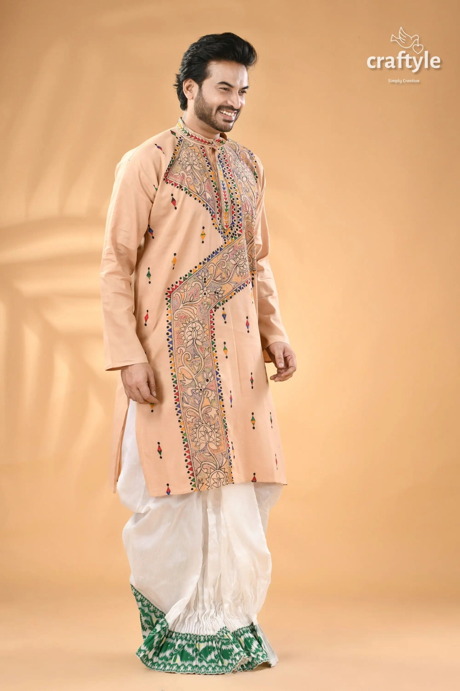 Noble beige kantha work cotton punjabi for men reverse stitch men’s beige embroidered kurta white 4