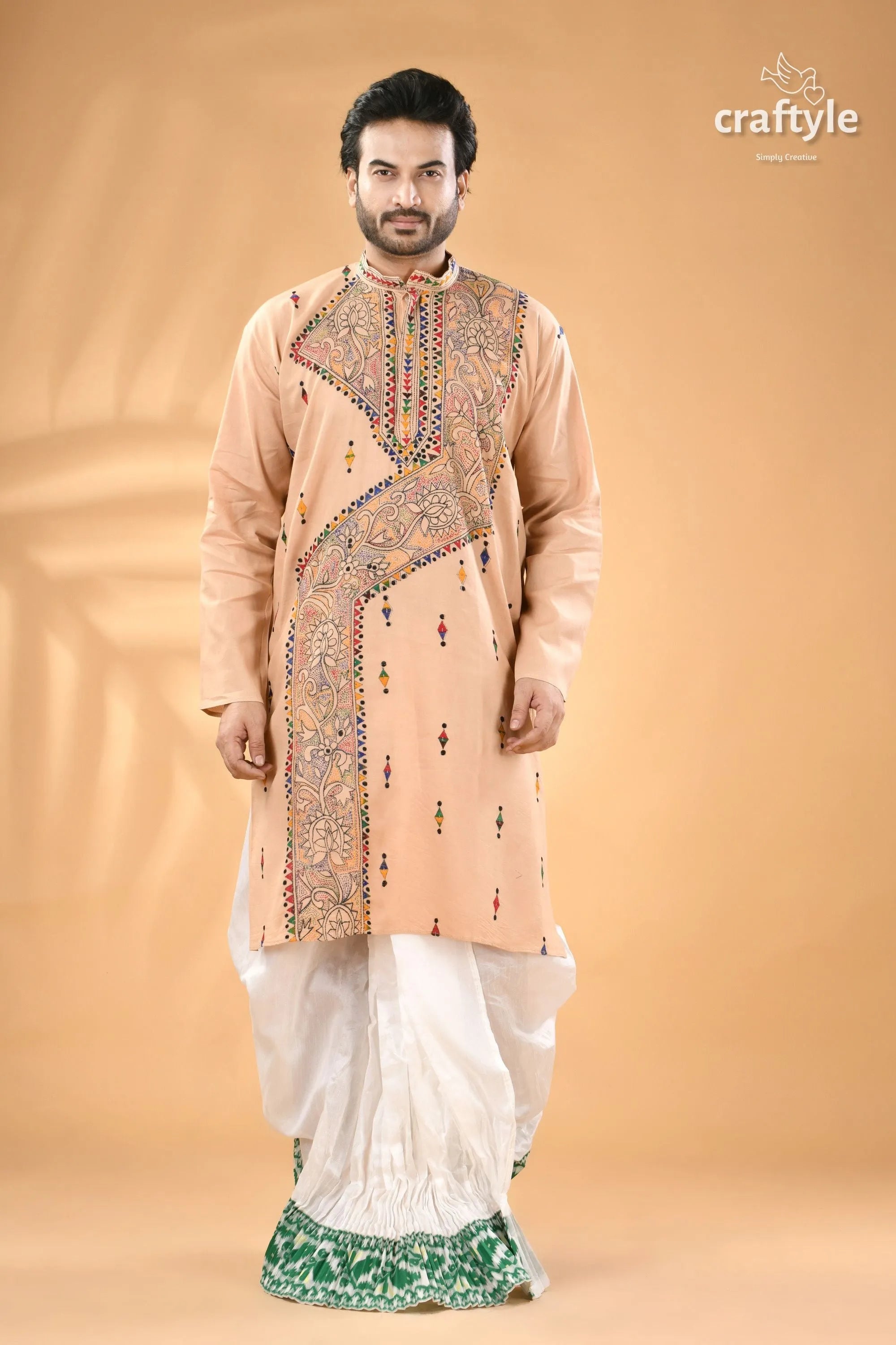 Noble beige kantha work cotton punjabi for men - reverse stitch men’s peach-colored long-sleeved kurta colorful 5