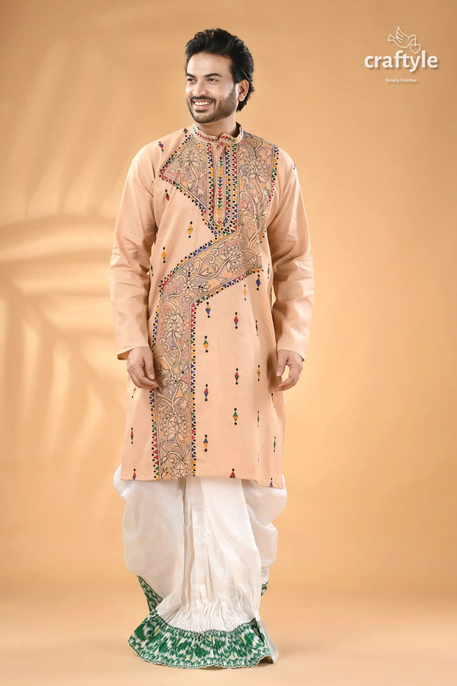 Noble beige kantha work cotton punjabi for men reverse stitch men’s embroidered peach colored kurta white 3