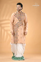 Noble beige kantha work cotton punjabi for men reverse stitch men’s embroidered peach colored kurta white 3