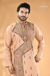 Noble beige kantha work cotton punjabi for men reverse stitch men’s embroidered beige cotton kurta 2