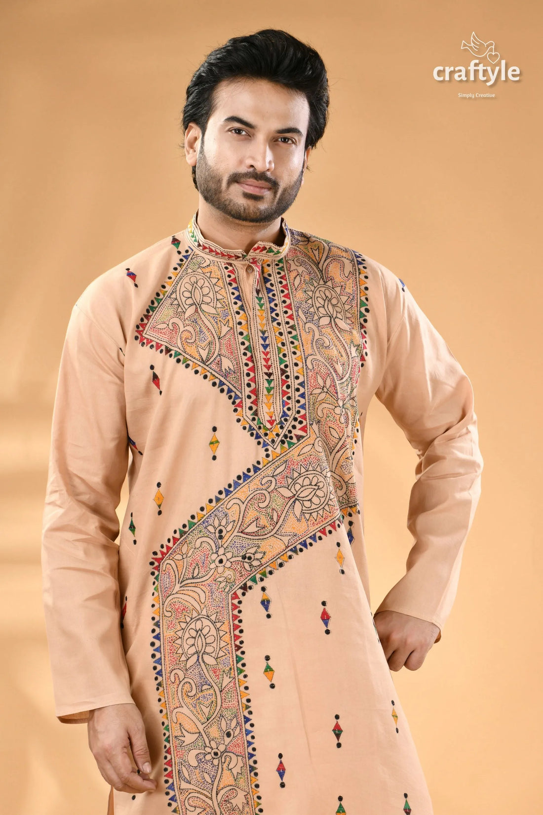 Noble beige kantha work cotton punjabi for men - reverse stitch men’s embroidered beige cotton kurta 2