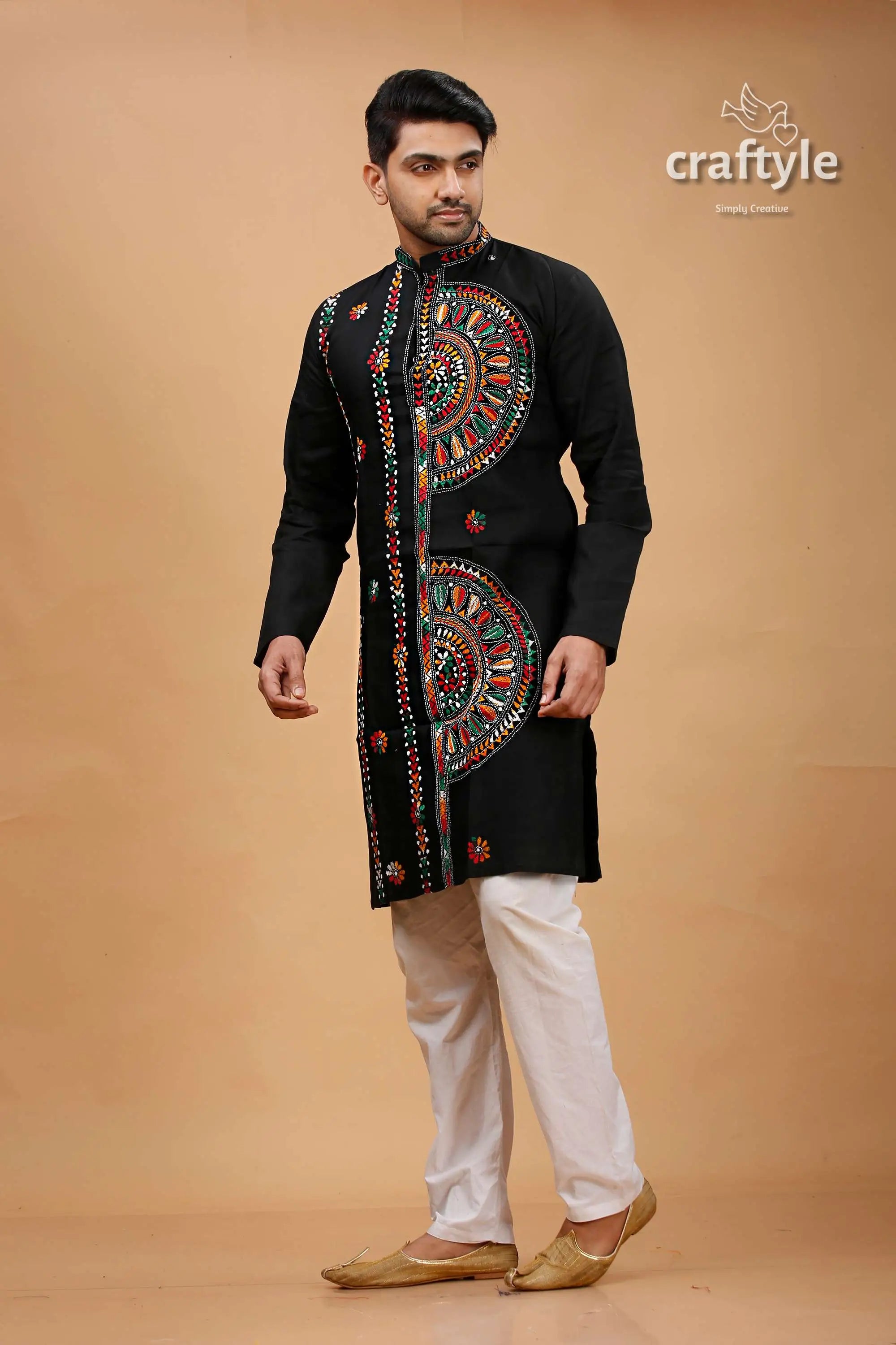Obsidian black multcolor kantha hand embroidery gents kurta embroidered black kurta white pants 3