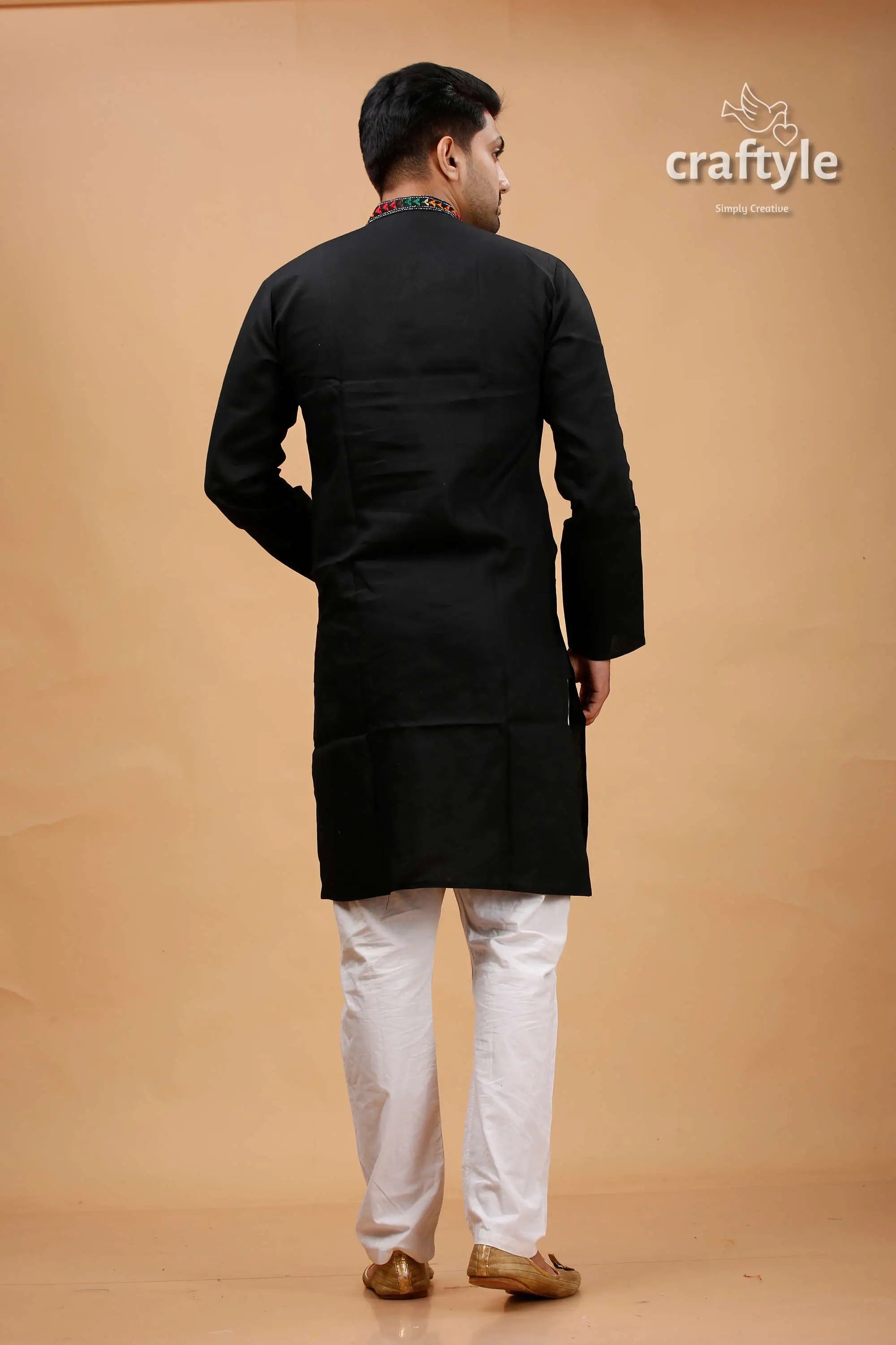 Obsidian black multcolor kantha hand embroidery gents kurta black kurta white pants 5