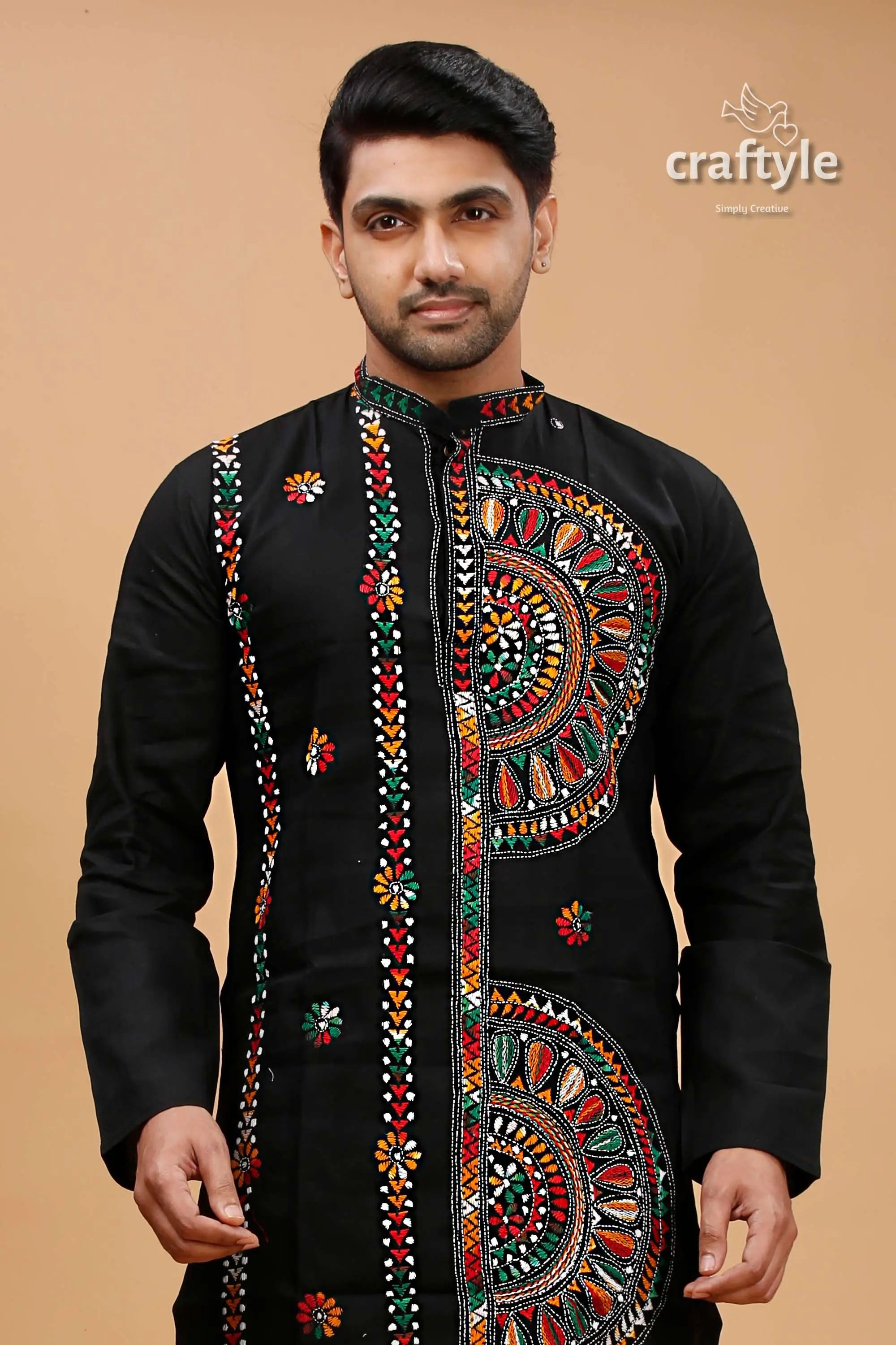 Obsidian black multcolor kantha hand embroidery gents kurta black embroidered kurta 2