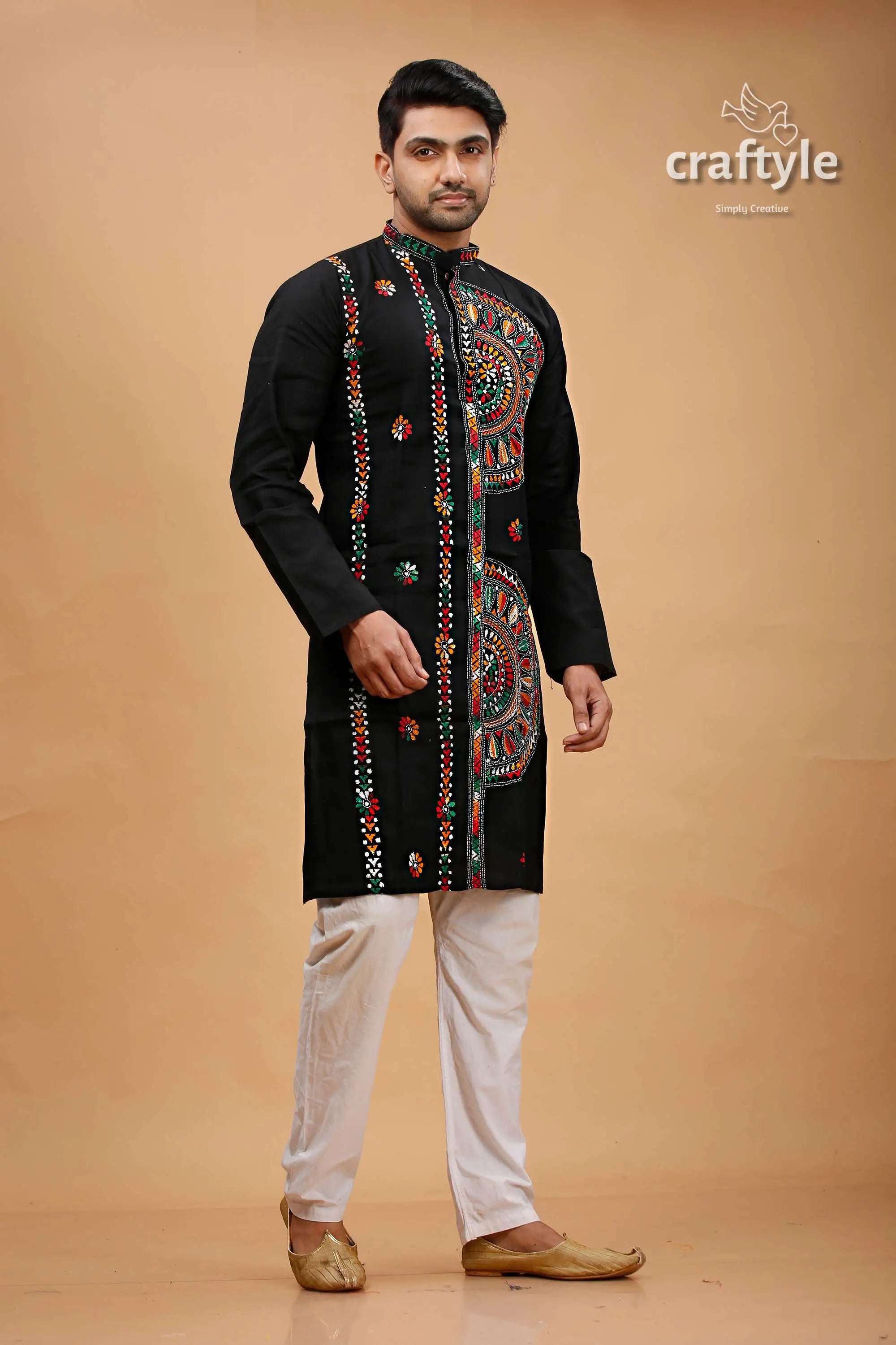 Obsidian black multcolor kantha hand embroidery gents kurta embroidered black kurta white pants 4