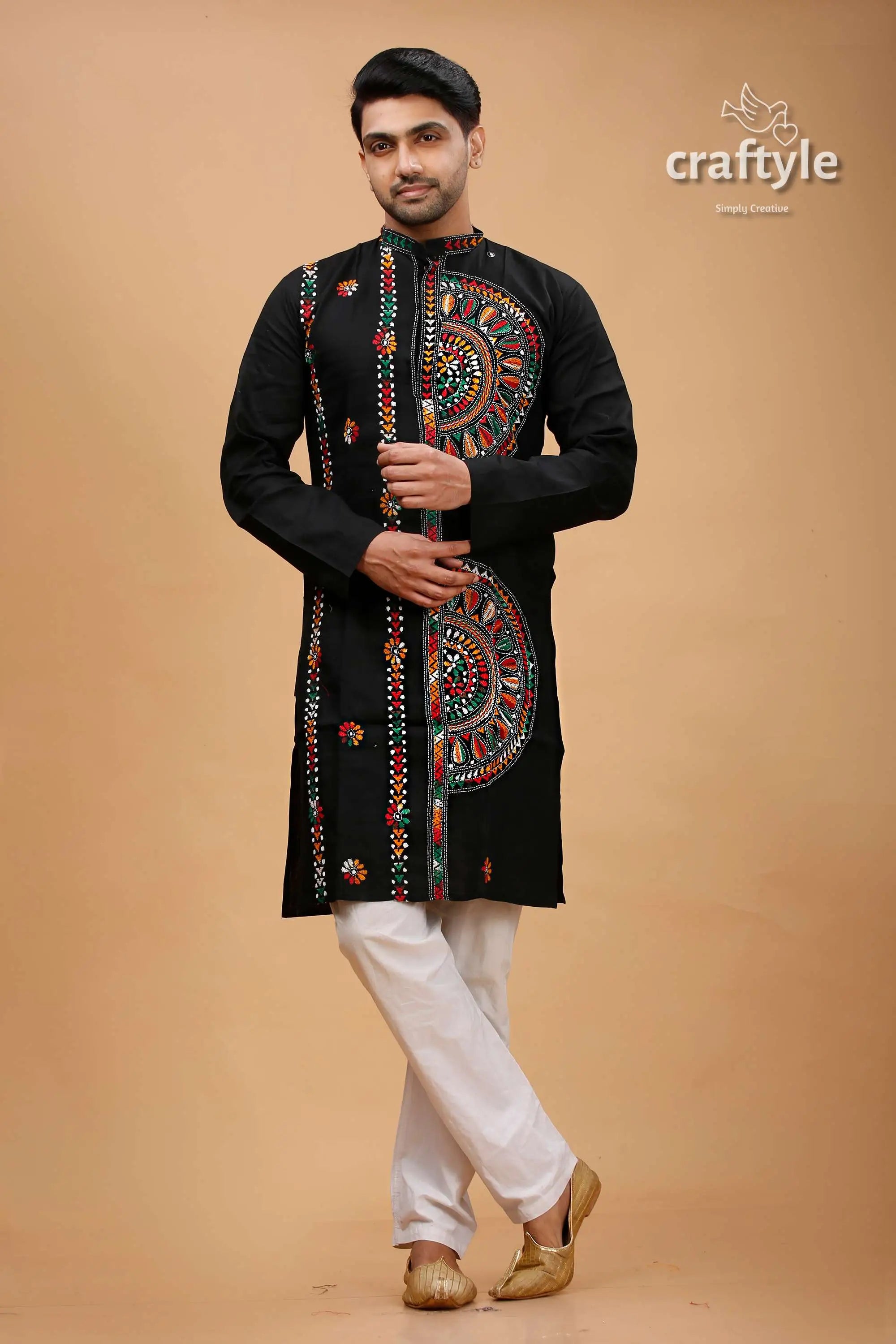 Obsidian black multcolor kantha hand embroidery gents kurta embroidered black kurta white pants 1
