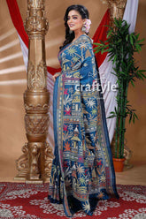 Ocean Blue Elegant Silk Kantha Stitched Saree-Craftyle