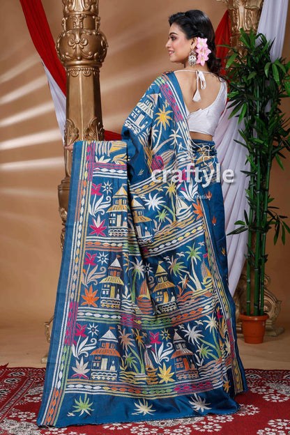 Ocean Blue Elegant Silk Kantha Stitched Saree-Craftyle