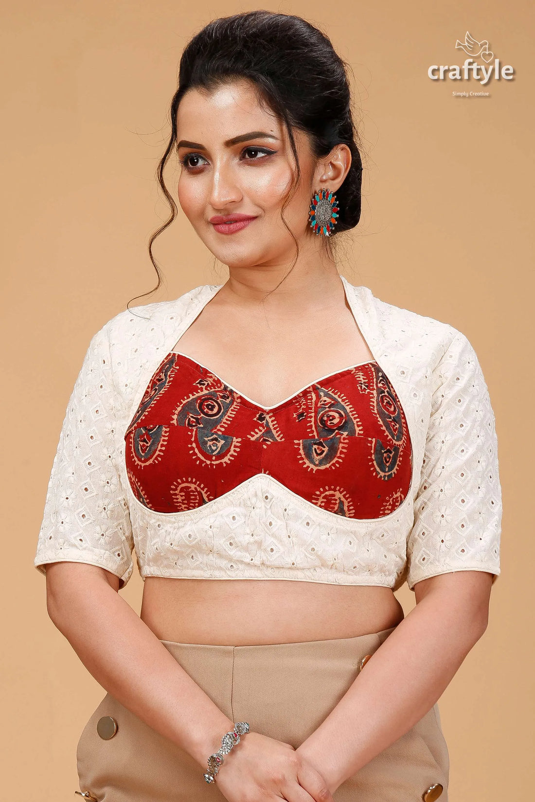 Off-white hakoba embroidery blouse - pure cotton woman red cream paisley-print 1