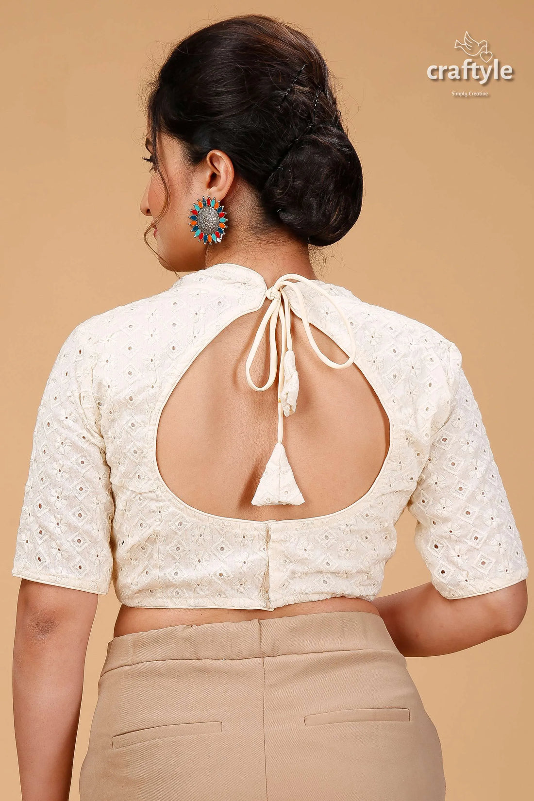 Off-white hakoba embroidery blouse - pure cotton woman cream-colored backless tie-up 2
