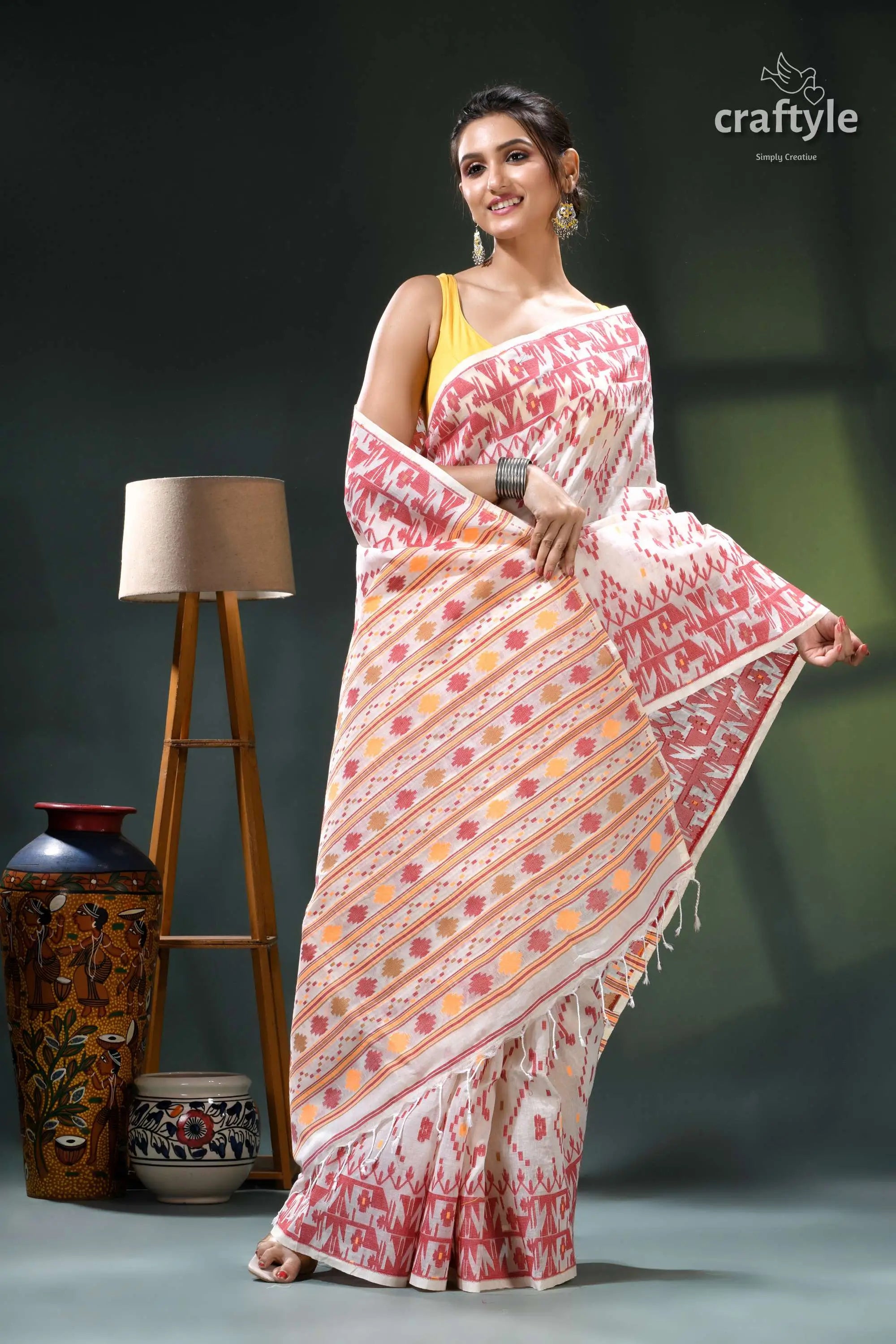 Off-white intricate multicolor woven cotton jamdani saree pink white saree intricate floral 4