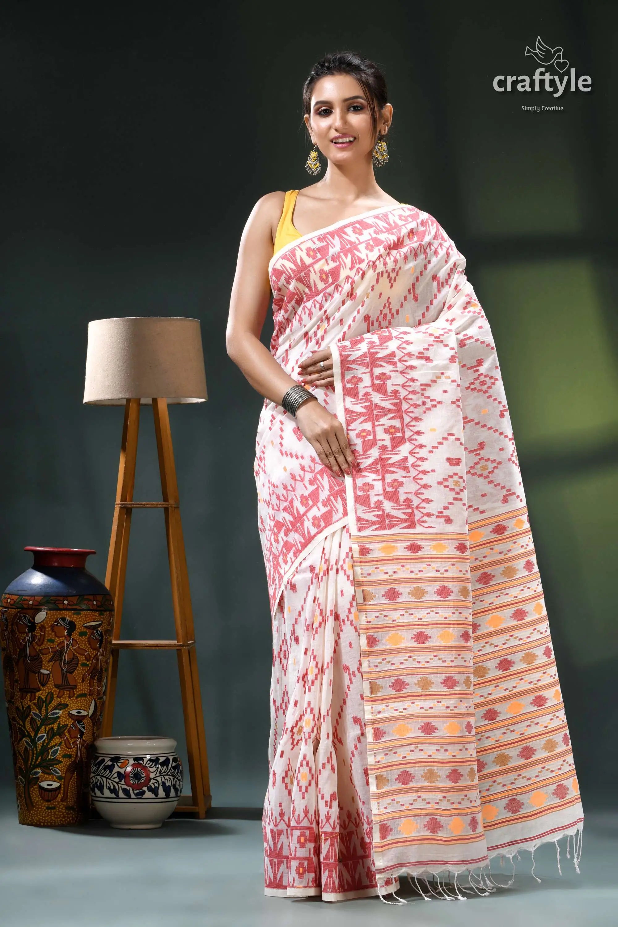 Off-white intricate multicolor woven cotton jamdani saree white pink handwoven saree intricate 1