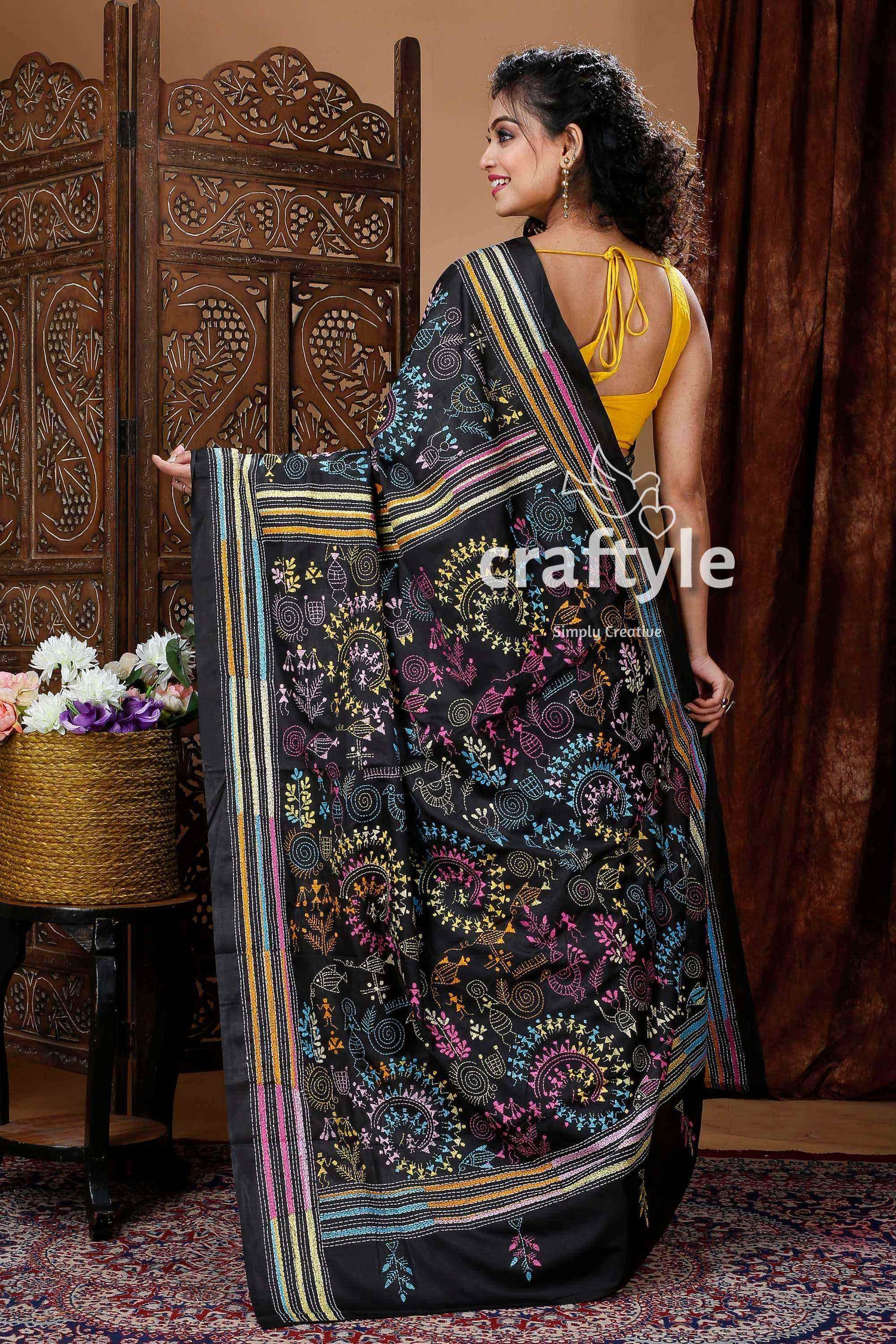 Oil Black Warli Design Elegant Kantha Stitched Saree-Craftyle