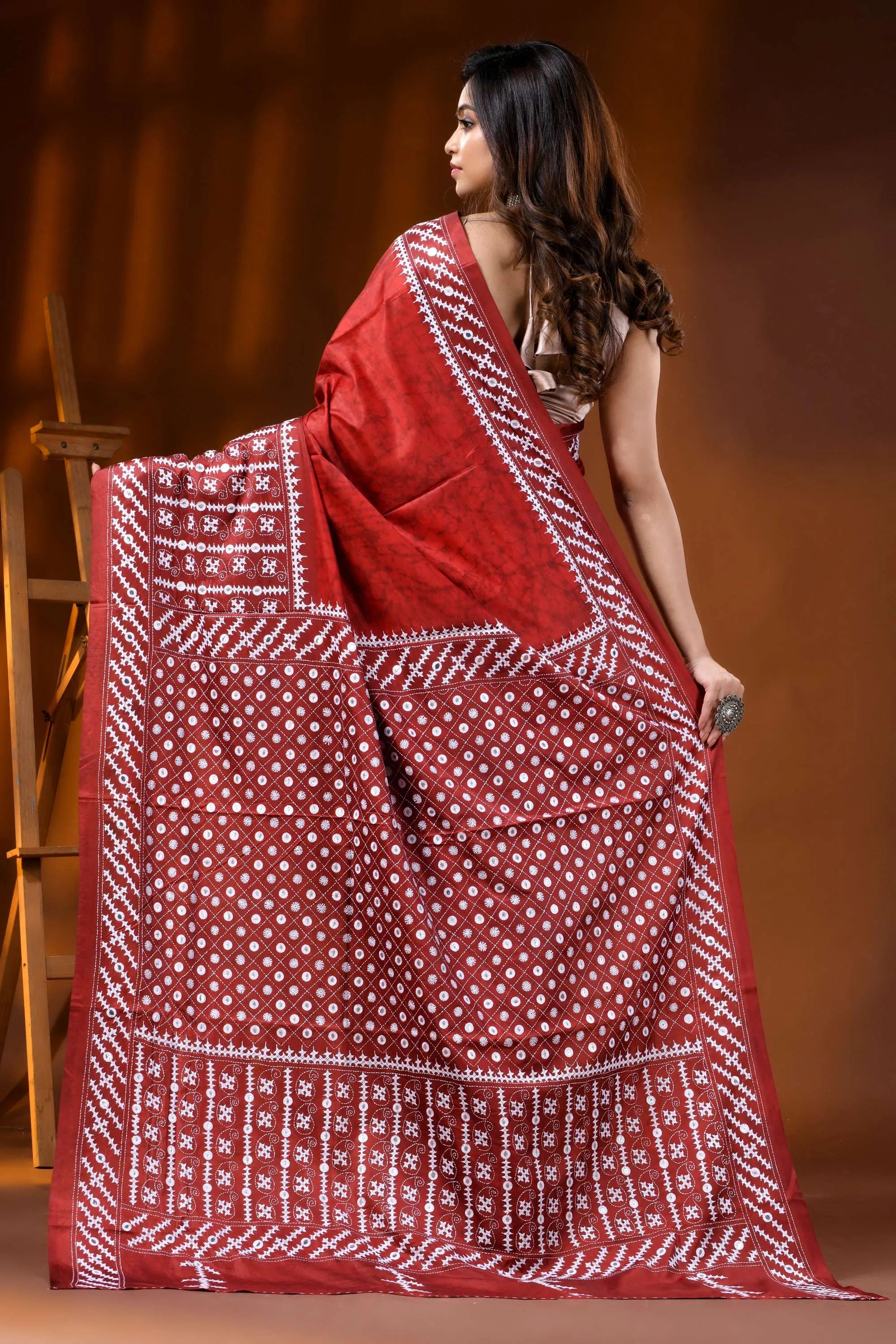 Old brick red mirror work gujrati stitch dyed silk saree with ethnic hand batik design 4