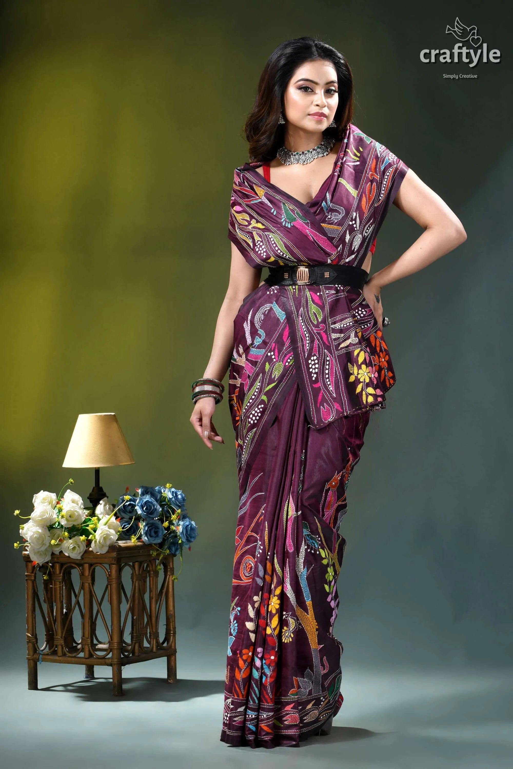 Old mauve exclusive bird design ethnic silk kantha saree woman wears vibrant patterned maroon 5