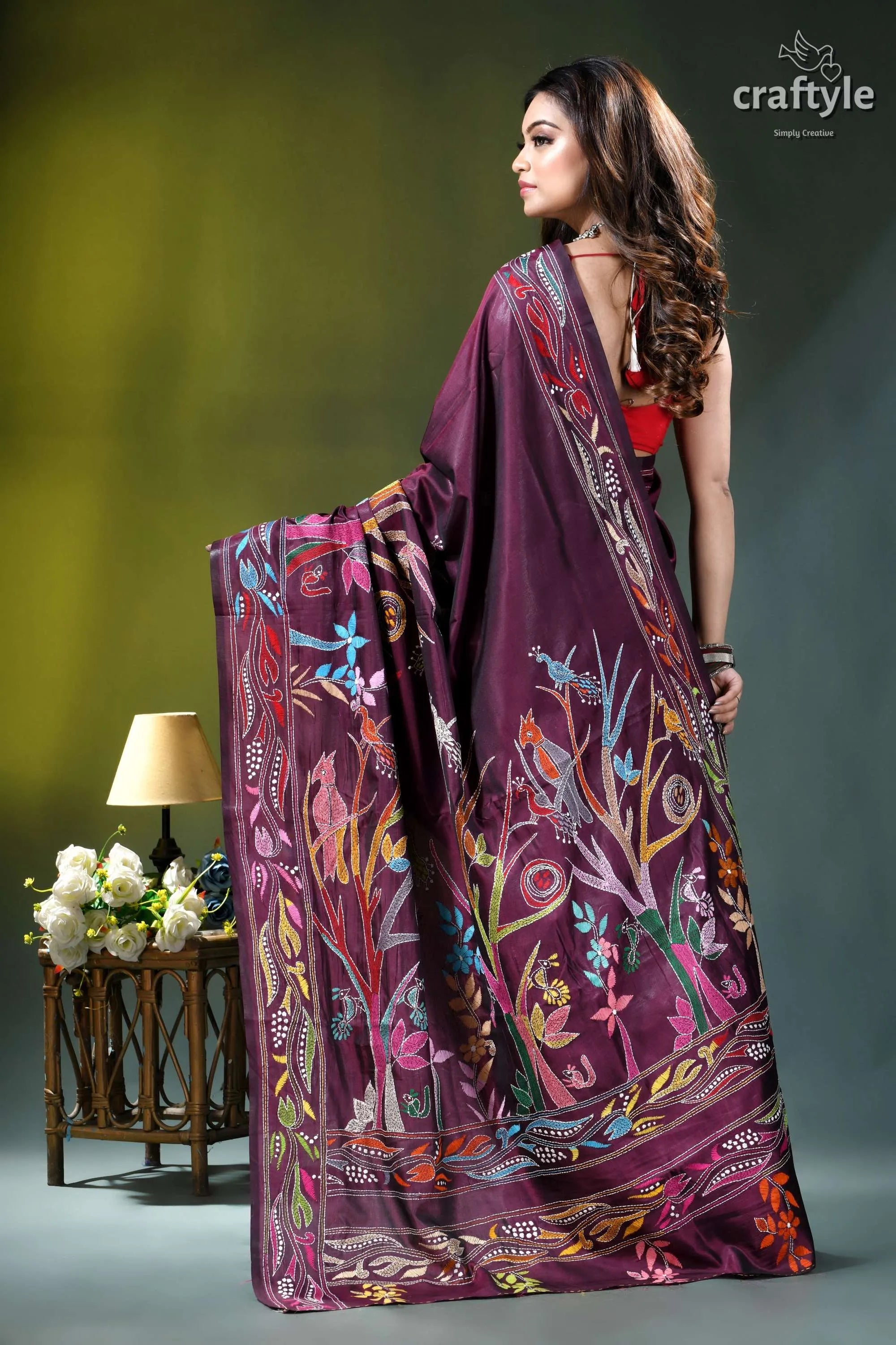 Old mauve exclusive bird design ethnic silk kantha saree rich maroon silk saree adorned 6