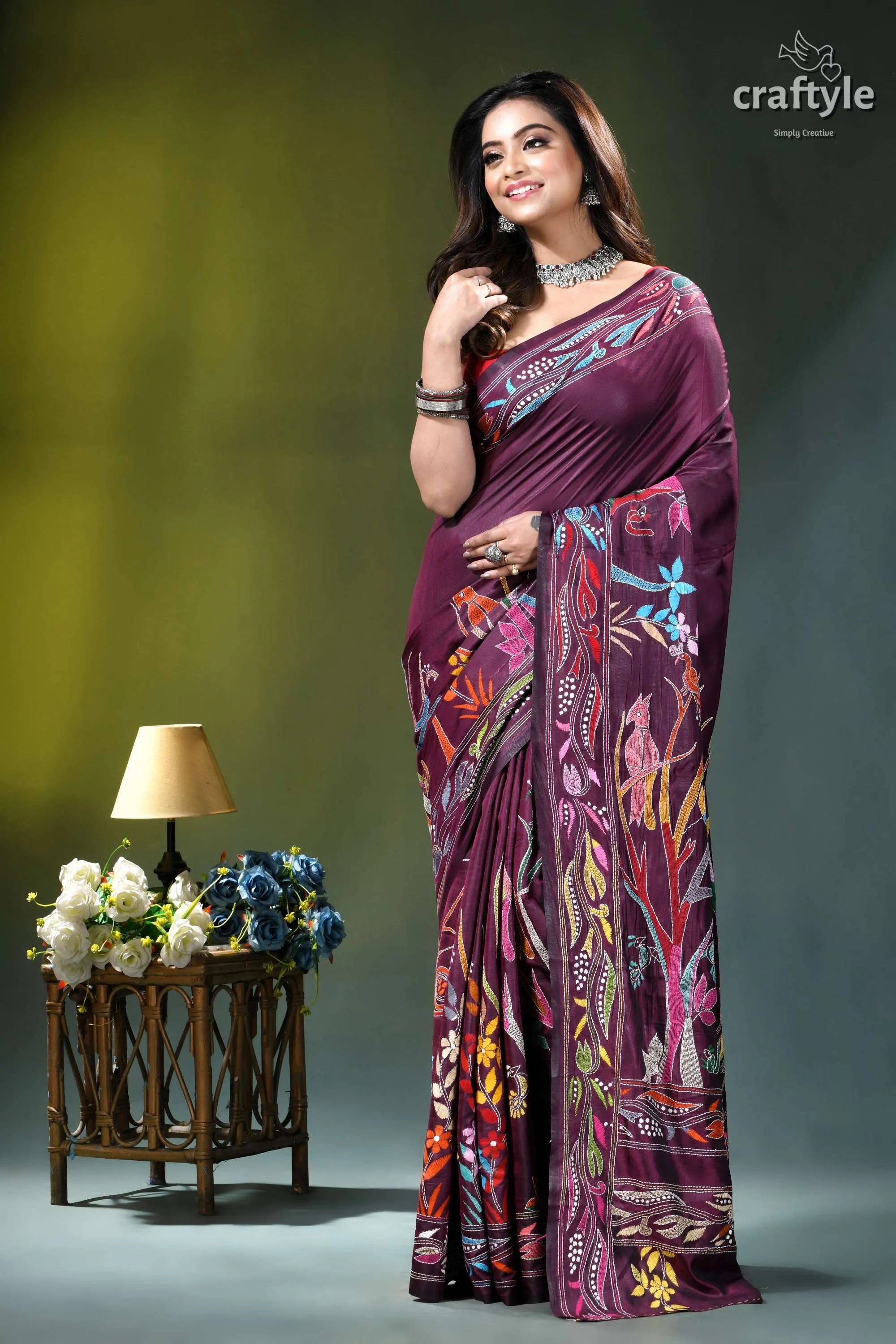 Old mauve exclusive bird design ethnic silk kantha saree woman wears rich maroon saree 3