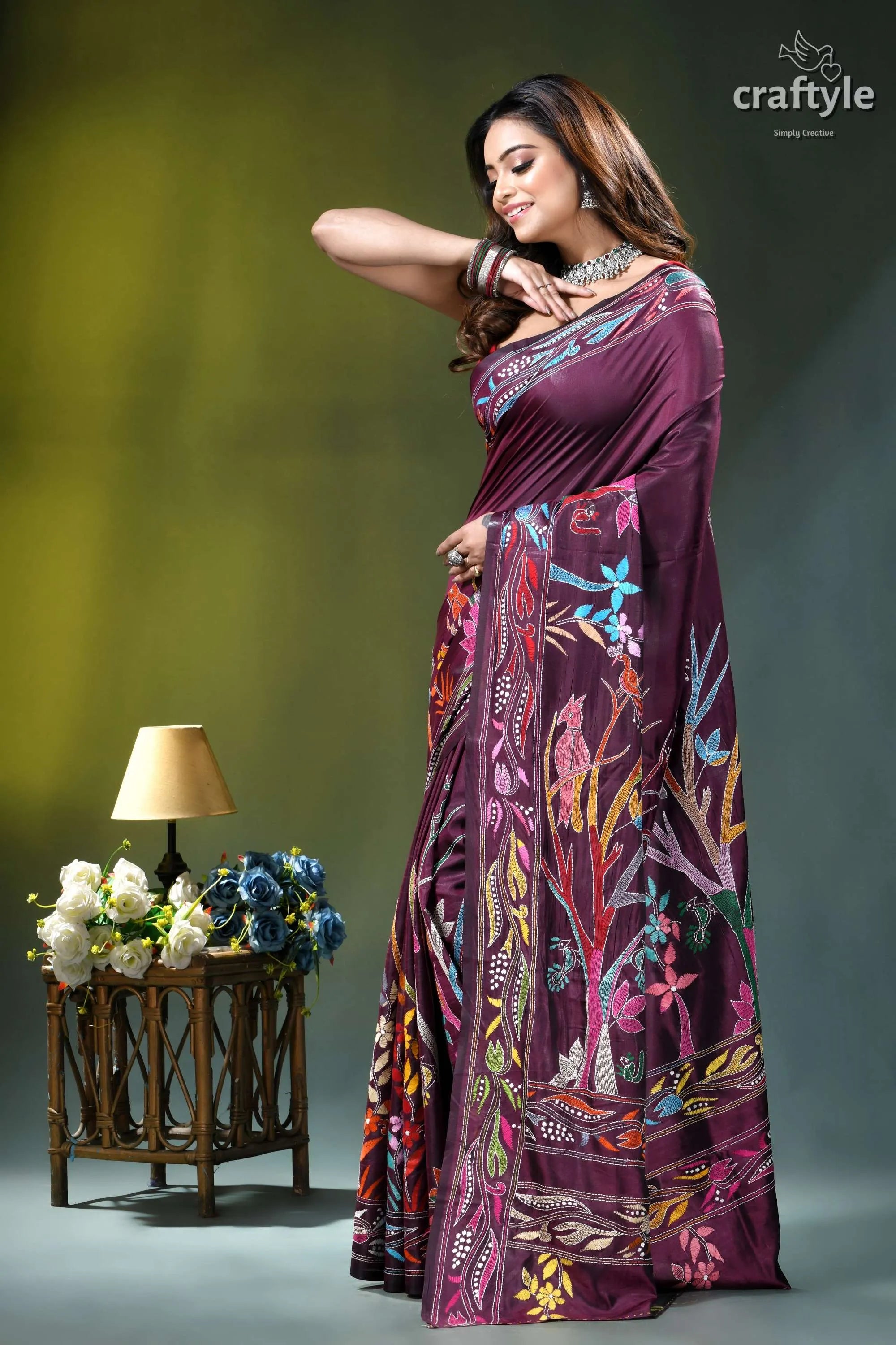 Old mauve exclusive bird design ethnic silk kantha saree maroon silk saree adorned vibrant 4