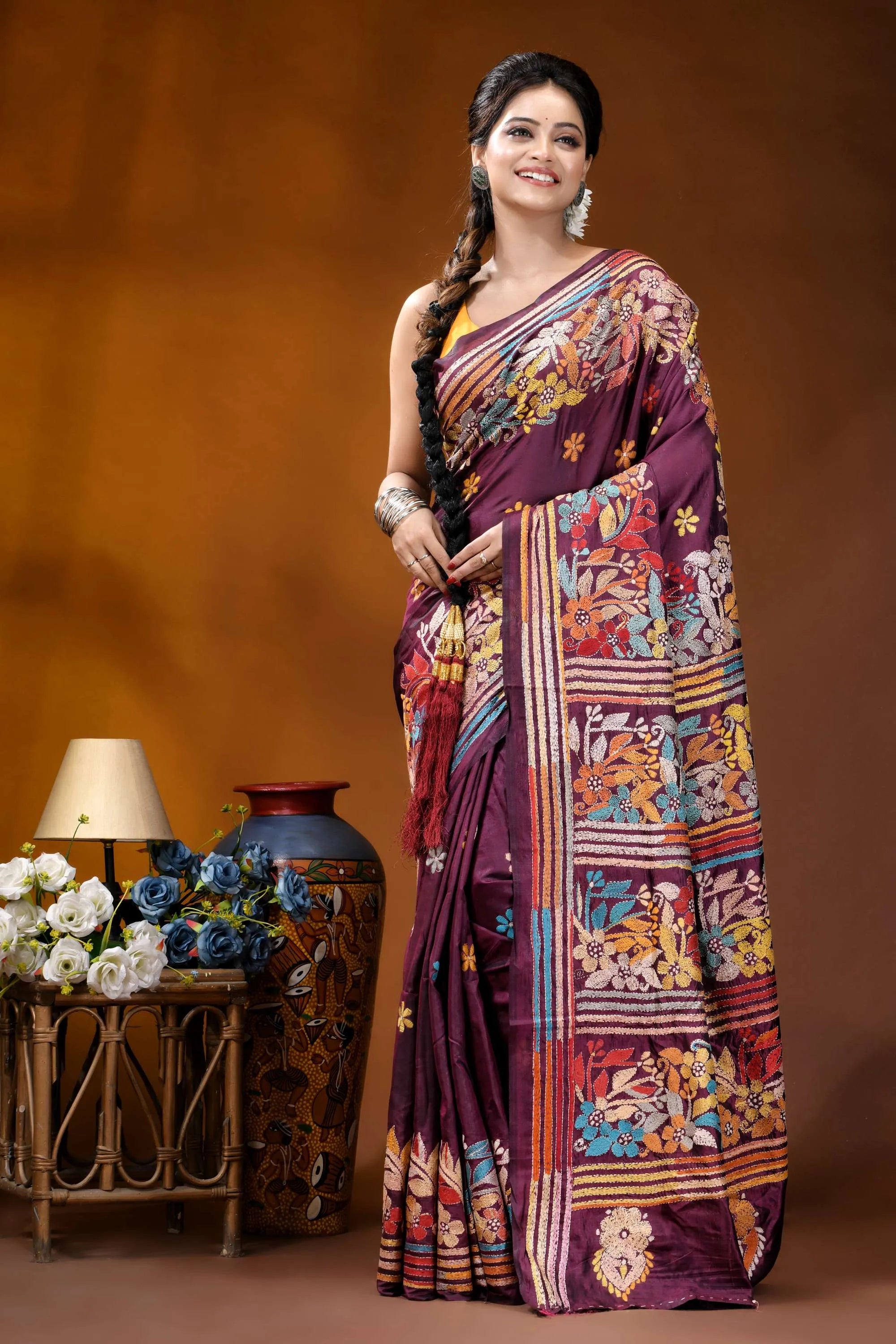 Old mauve floral design multicolor hand embroidered kantha silk saree richly embroidered maroon saree intricate 6