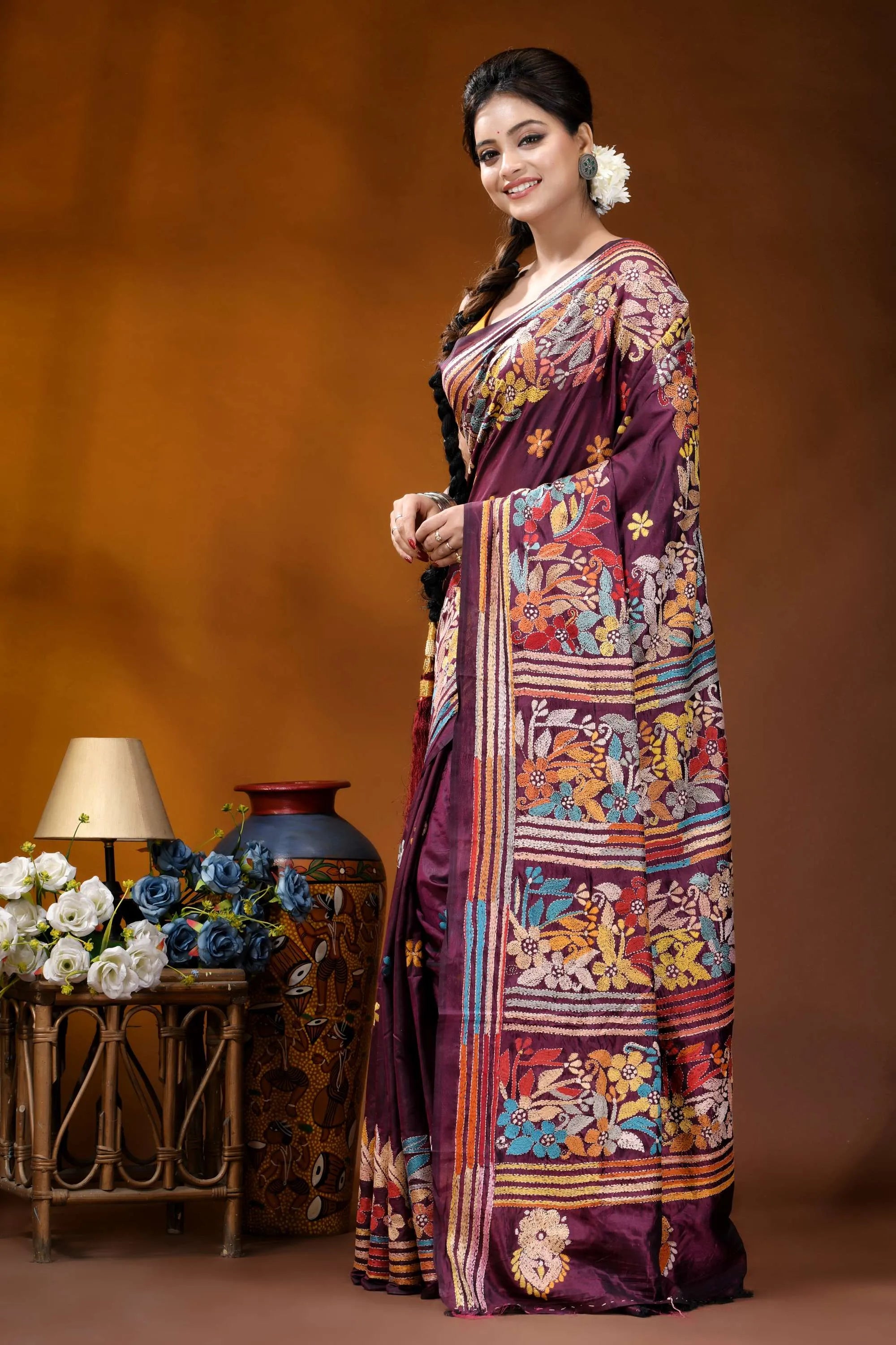 Old mauve floral design multicolor hand embroidered kantha silk saree richly embroidered maroon saree intricate 3