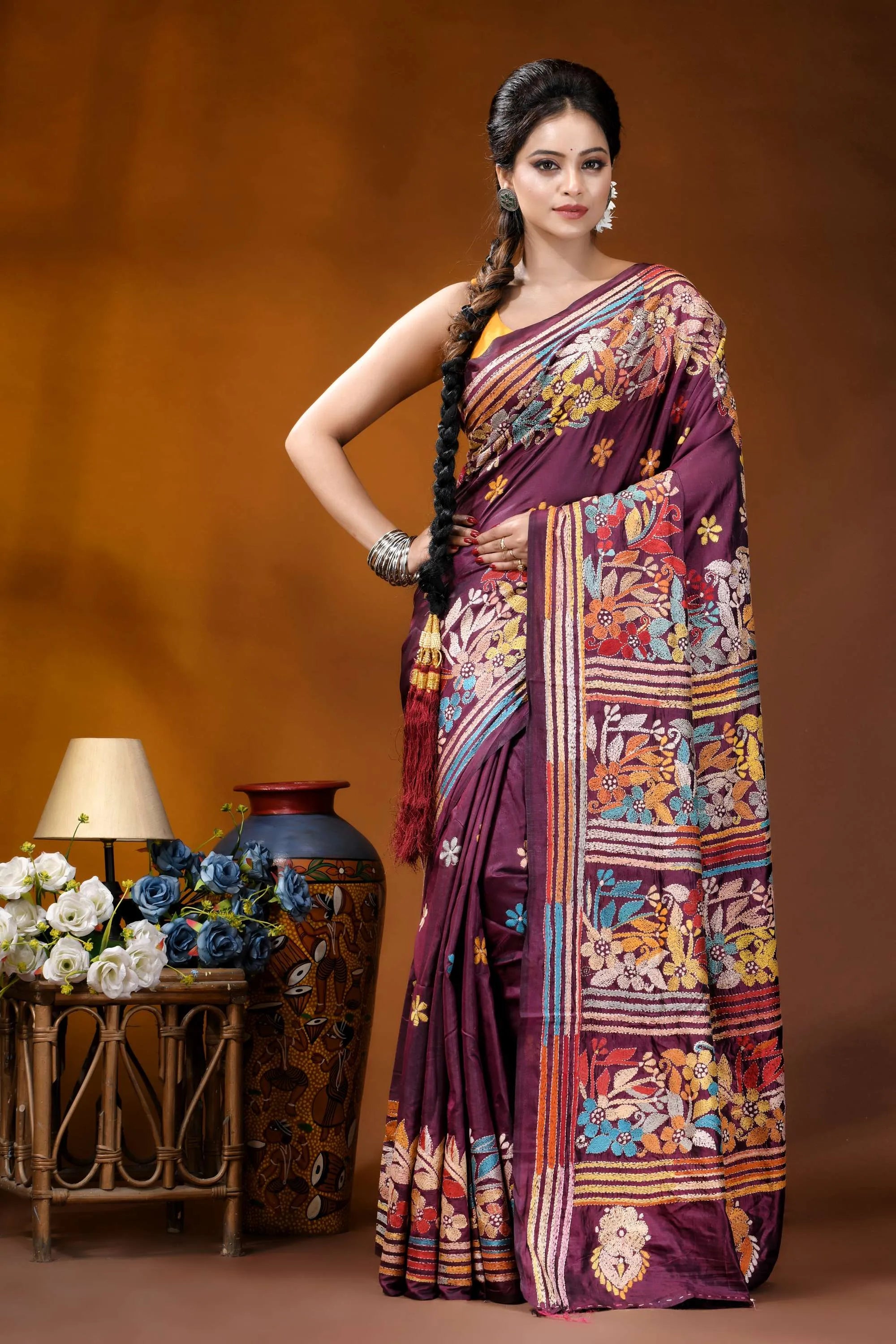 Old mauve floral design multicolor hand embroidered kantha silk saree rich maroon silk saree adorned 1