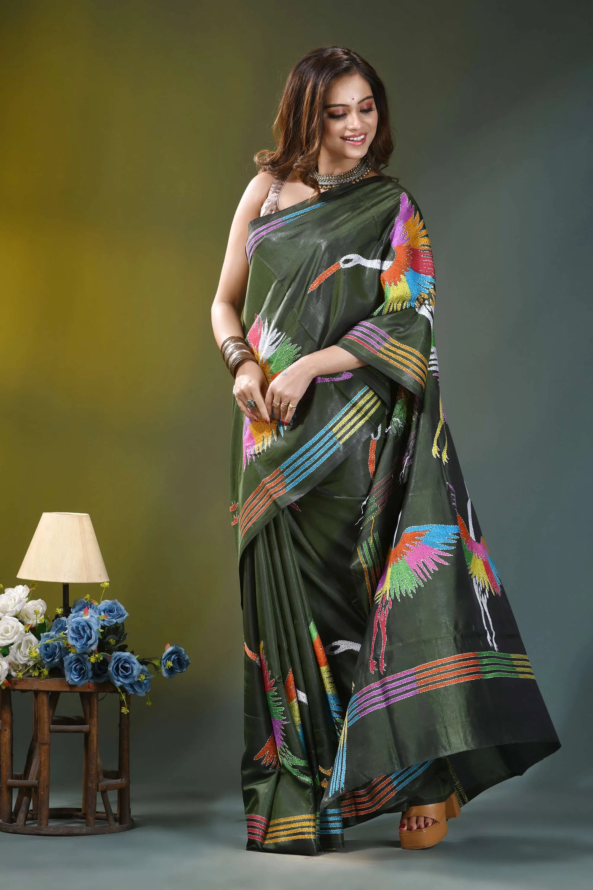 Olive green artisanal heron design silk kantha work saree vibrant olive green silk saree 5