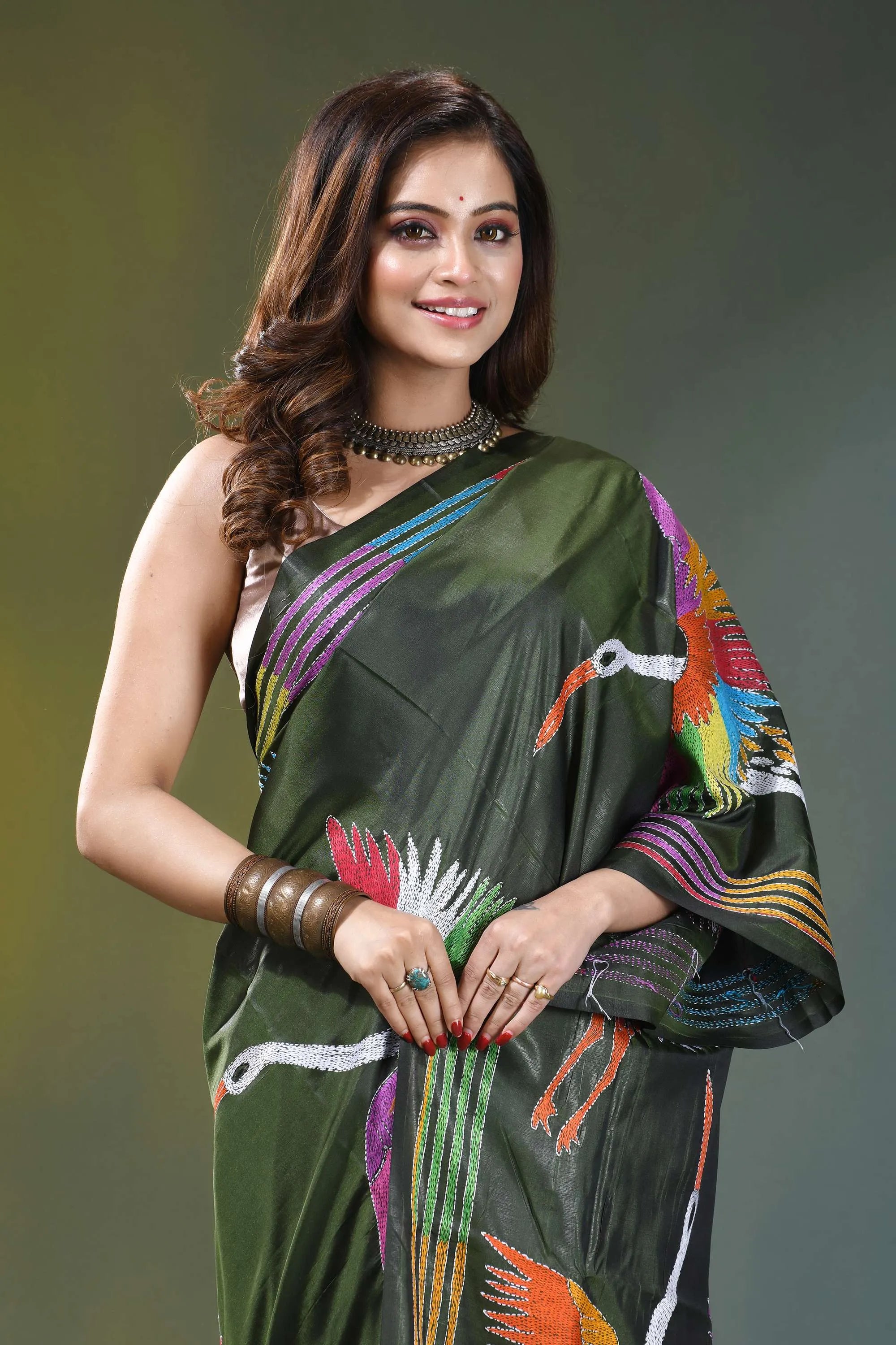 Olive green artisanal heron design silk kantha work saree vibrant green silk saree adorned 2