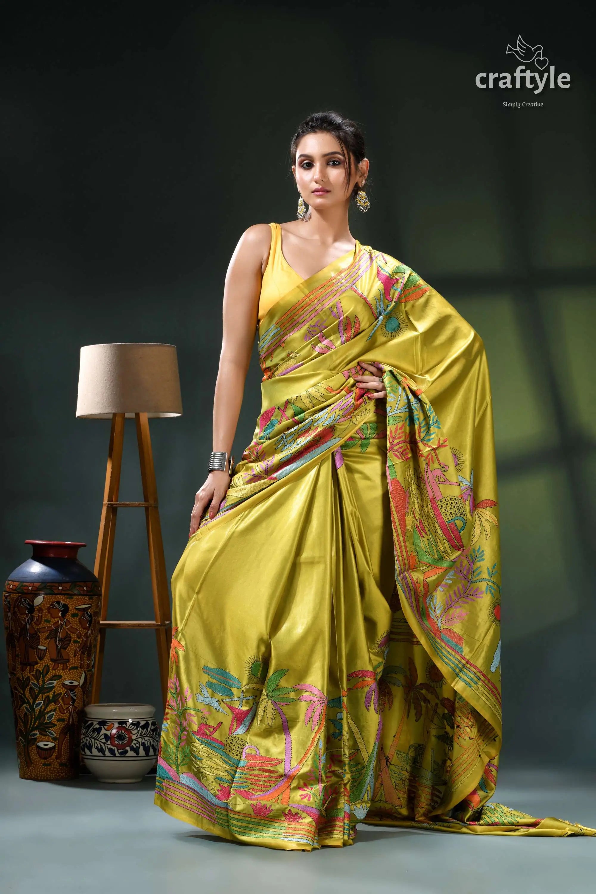 Olive green artisanal kantha silk saree - nature theme yellow silk saree floral design 4