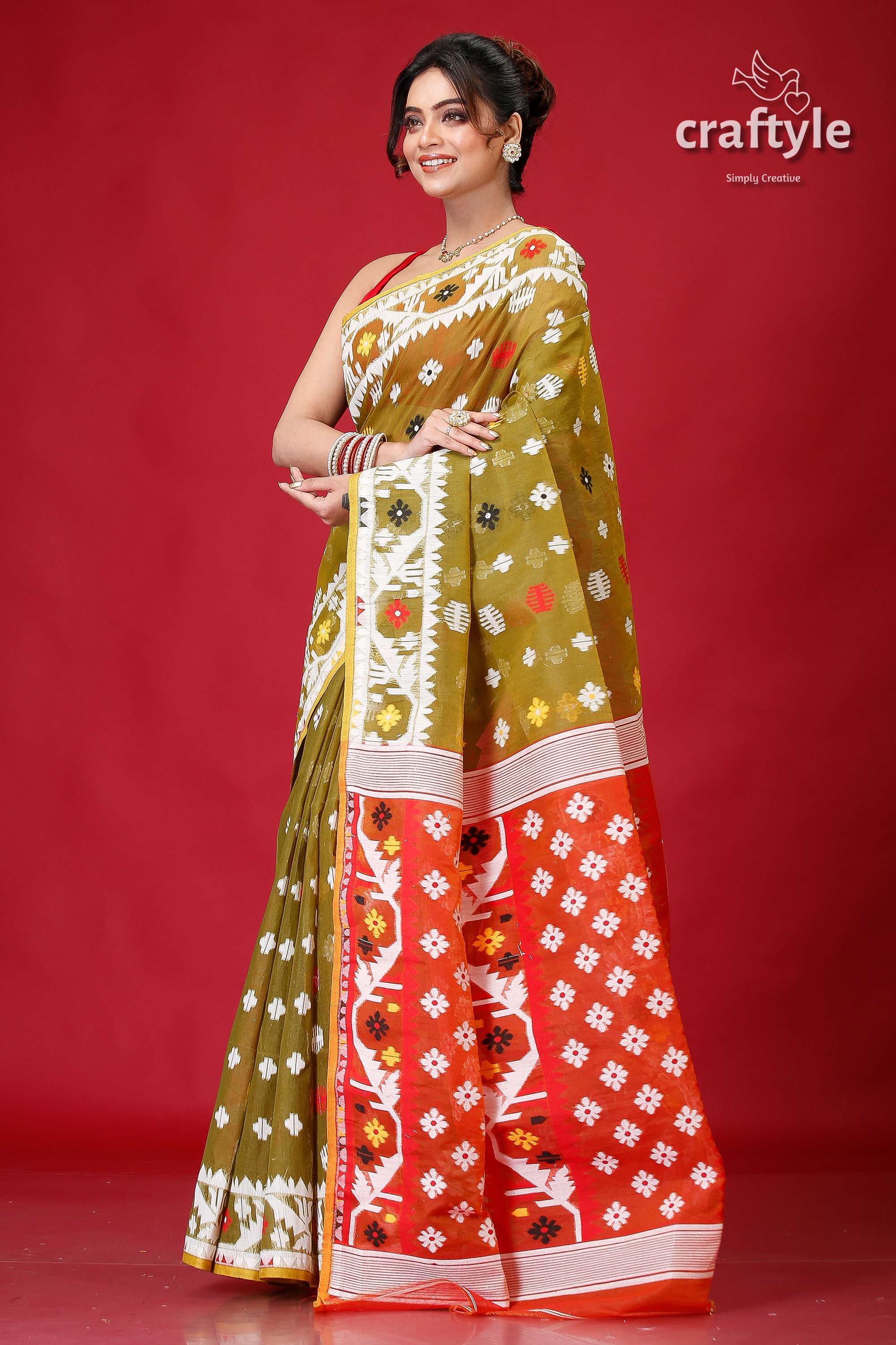 Olive Green Bengal Handloom Jamdani Saree-Craftyle