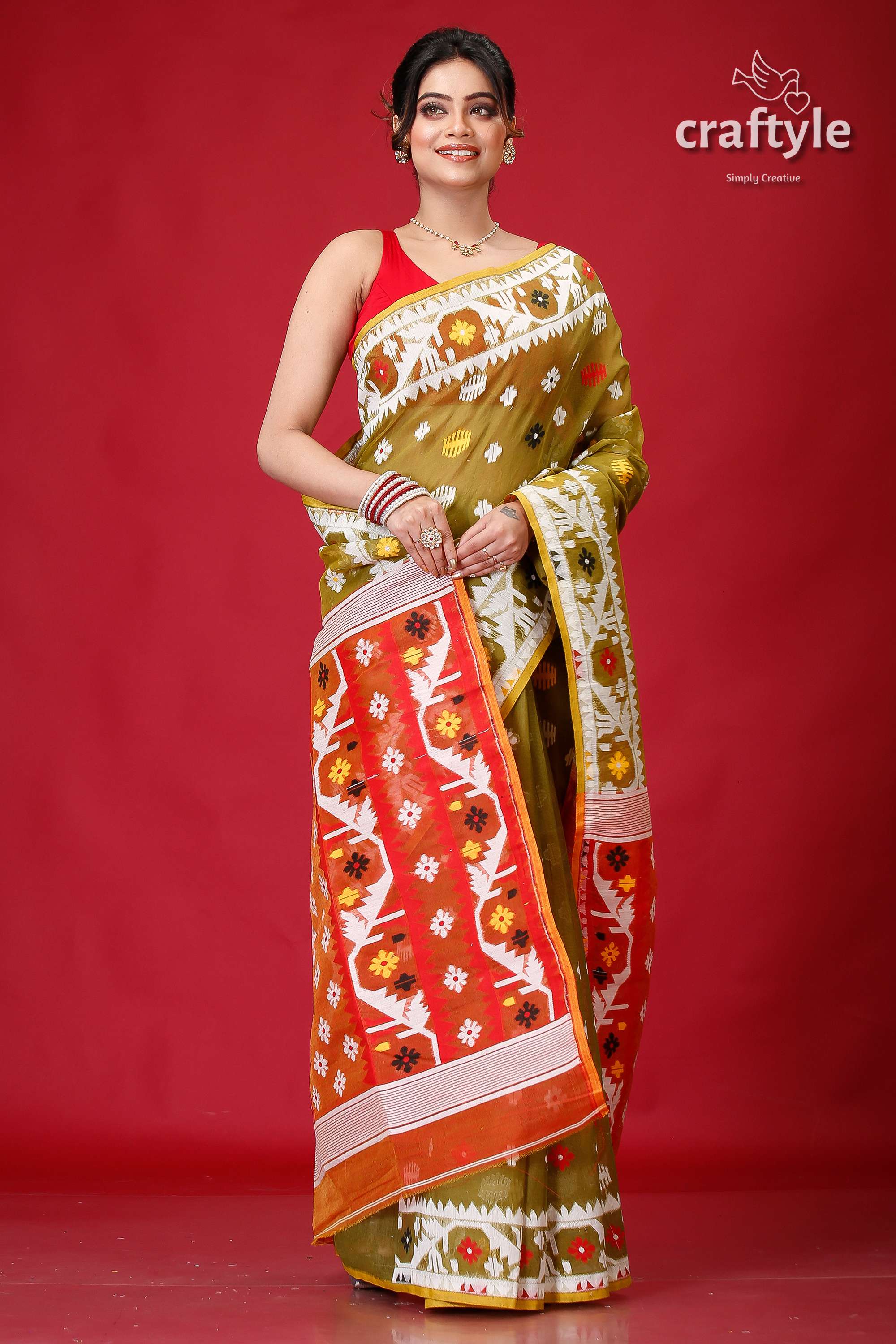 Olive Green Bengal Handloom Jamdani Saree-Craftyle