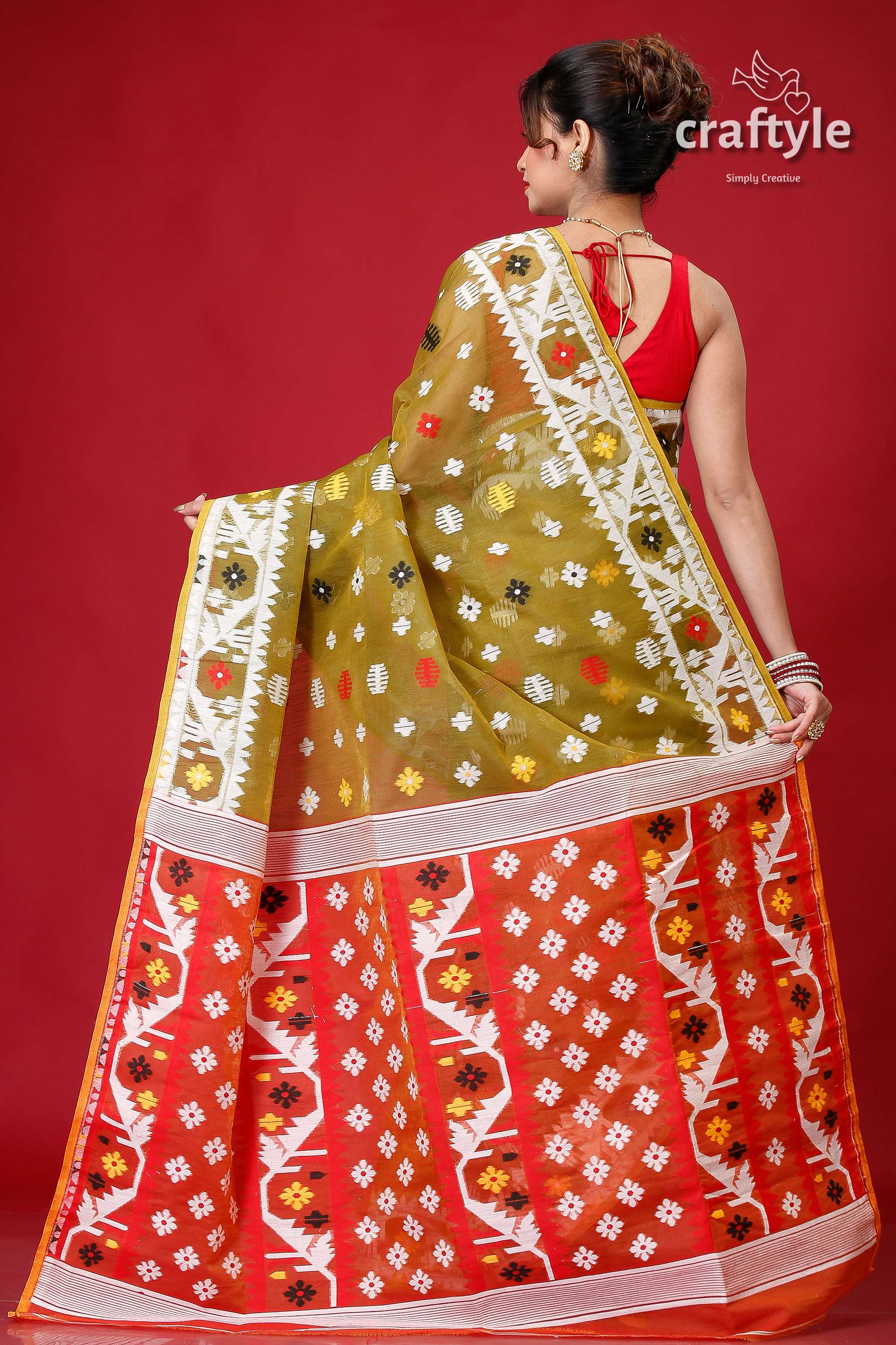 Olive Green Bengal Handloom Jamdani Saree-Craftyle