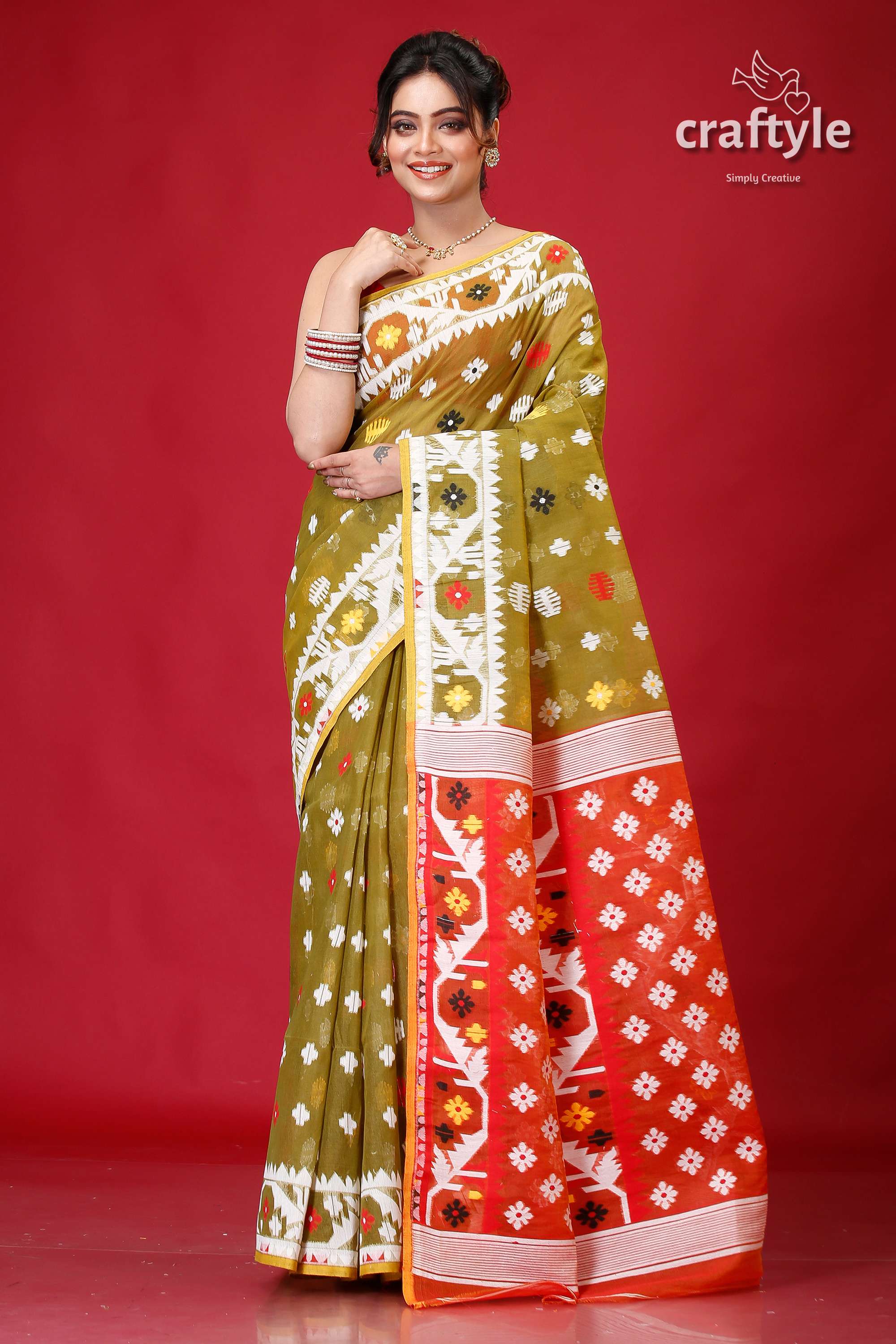 Olive Green Bengal Handloom Jamdani Saree-Craftyle