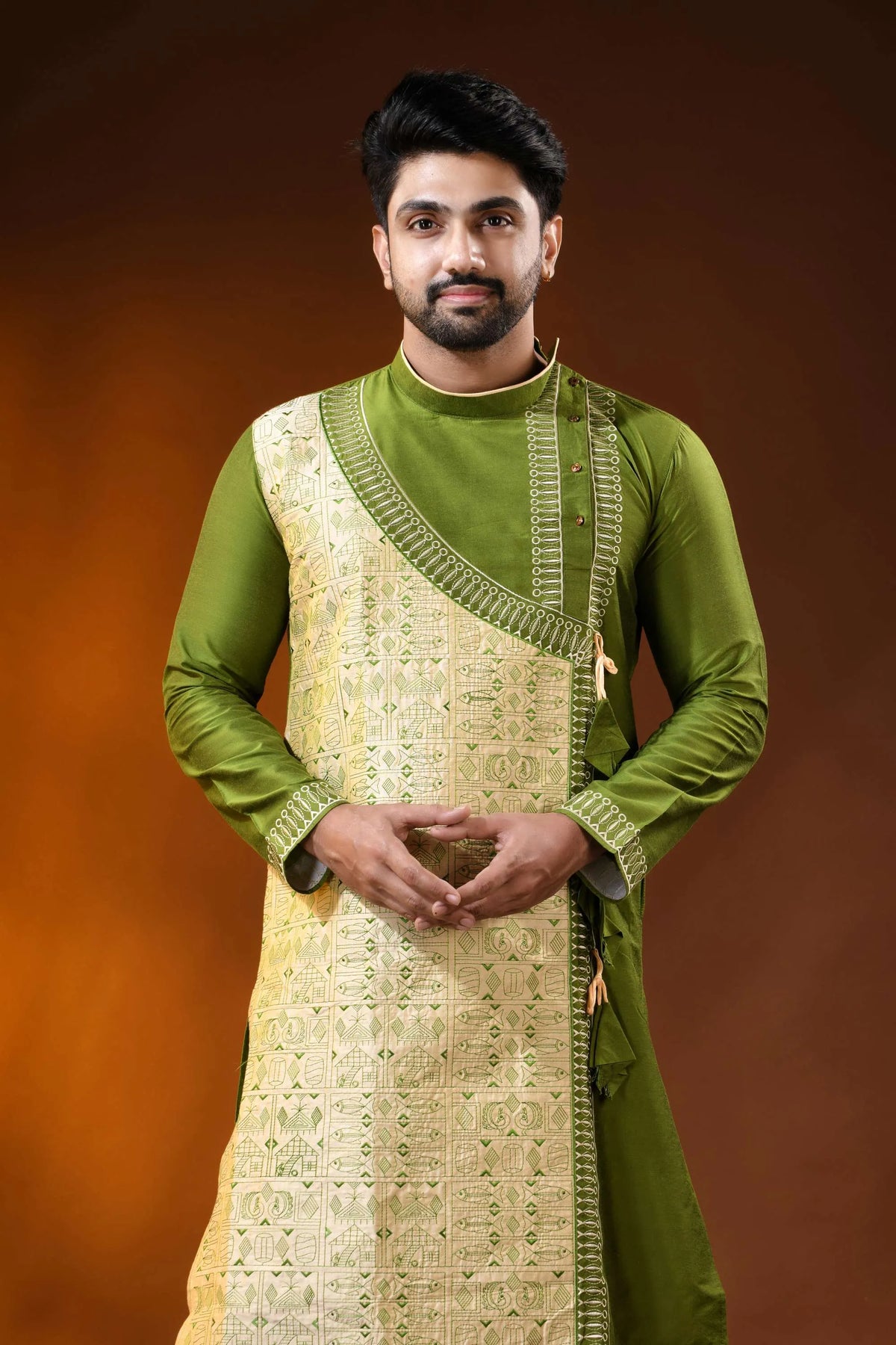 Olive green cotton silk embroidery punjabi for men - artisanal design 2