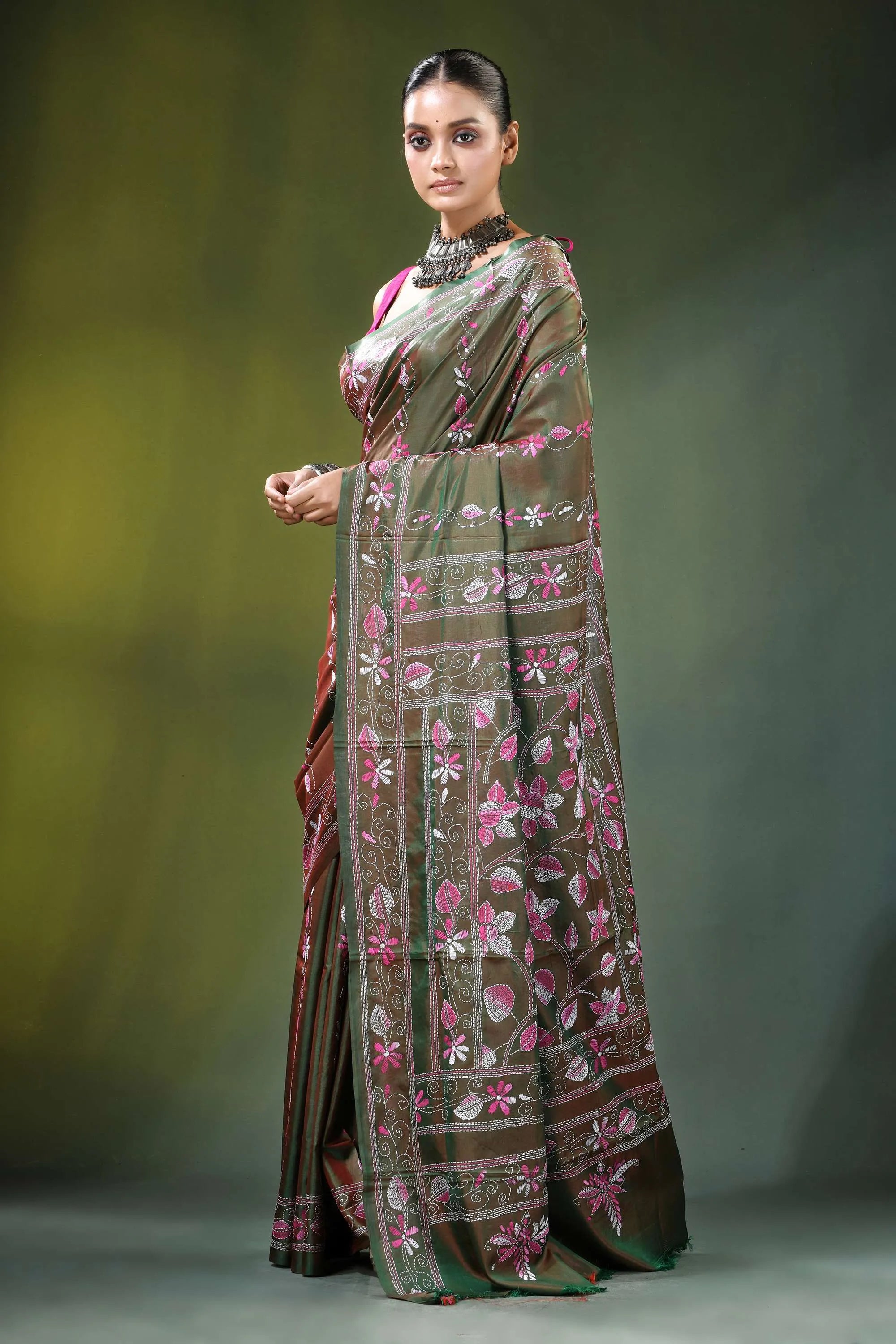 Olive green floral motif handcrafted silk kantha saree woman wears 3