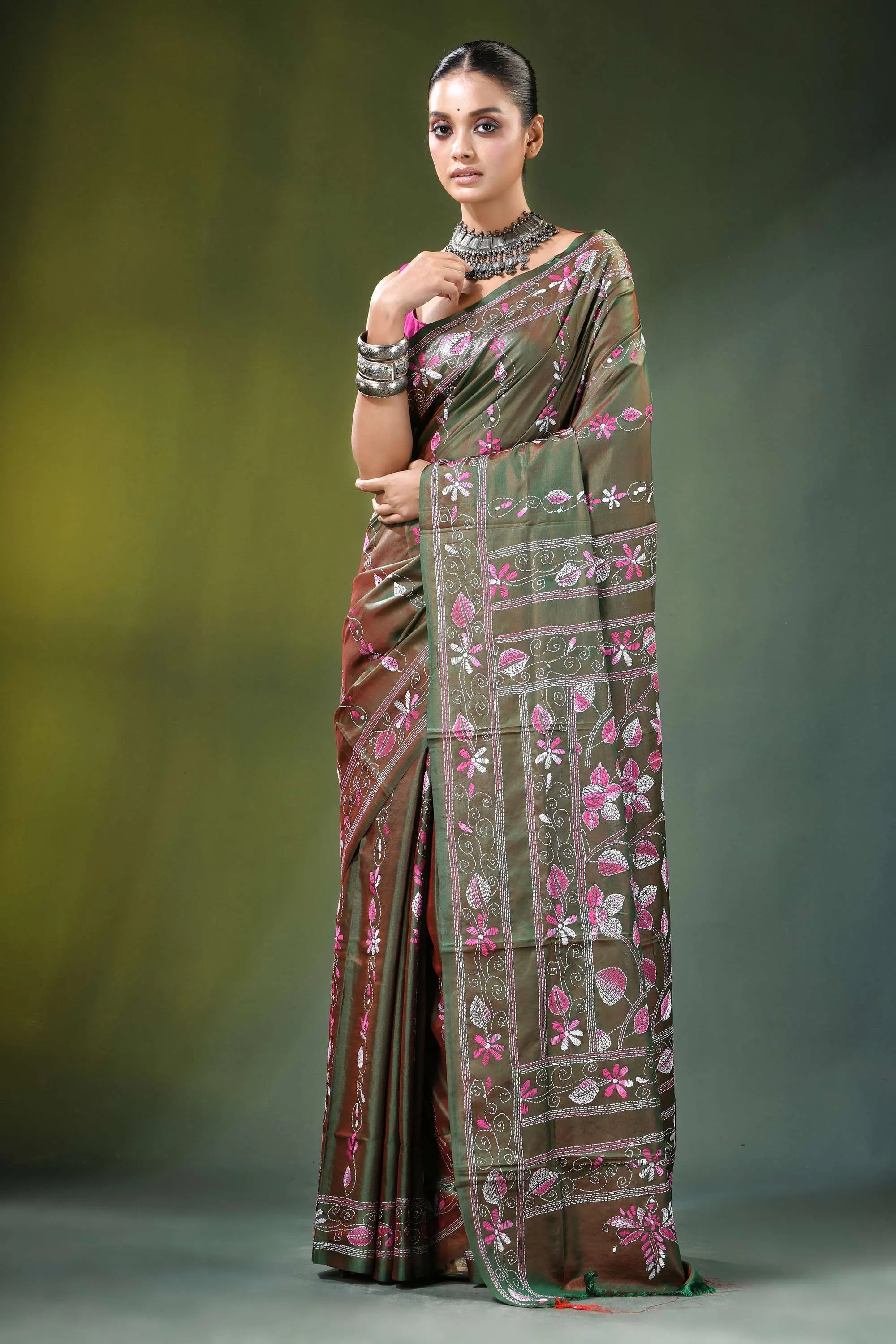 Olive green floral motif handcrafted silk kantha saree rich olive-green adorned 6
