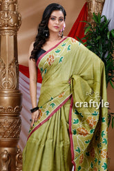 Olive green hand painted pure tussar silk saree green floral-patterned saree 4
