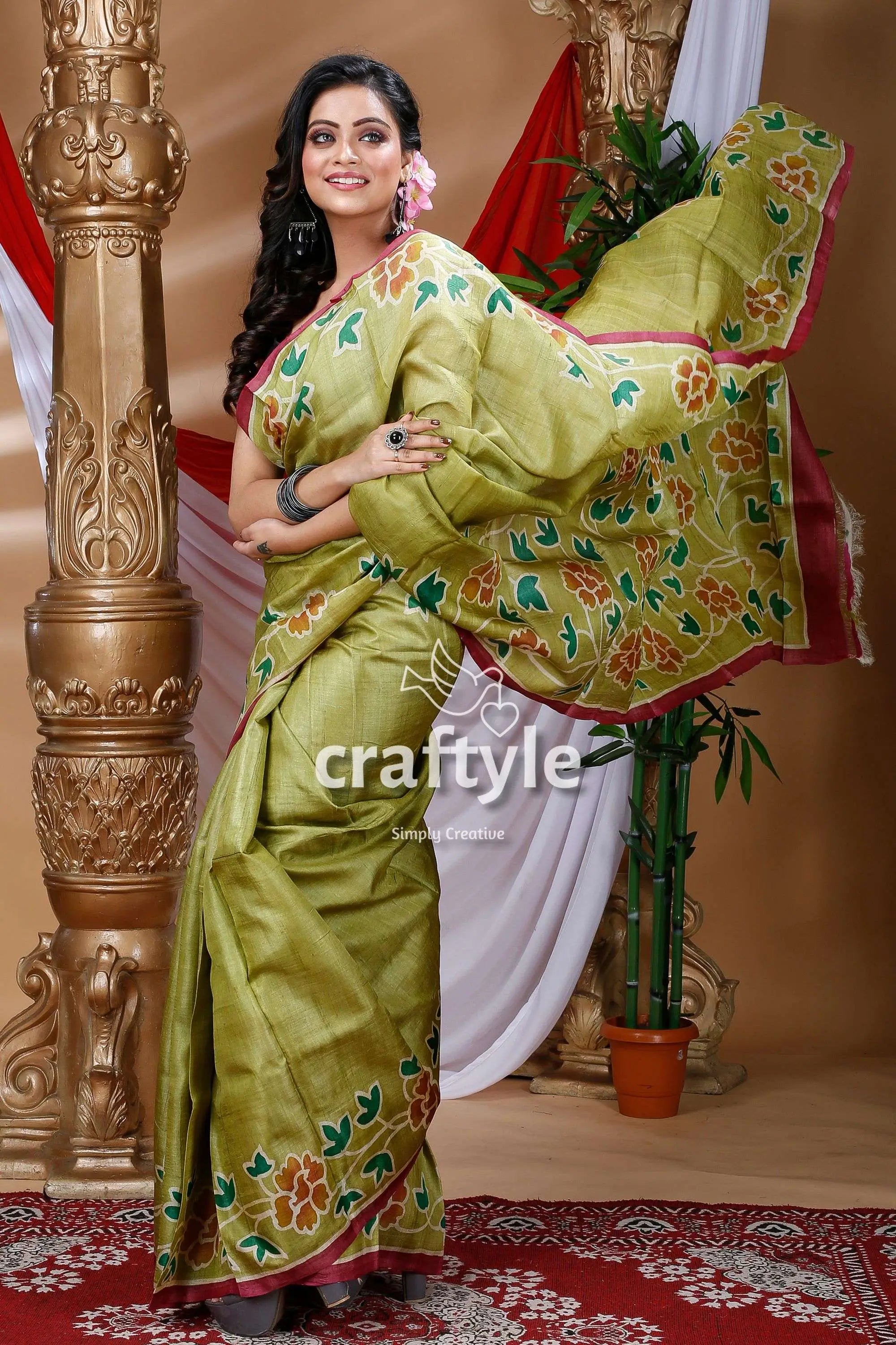Olive green hand painted pure tussar silk saree green floral-patterned saree 5