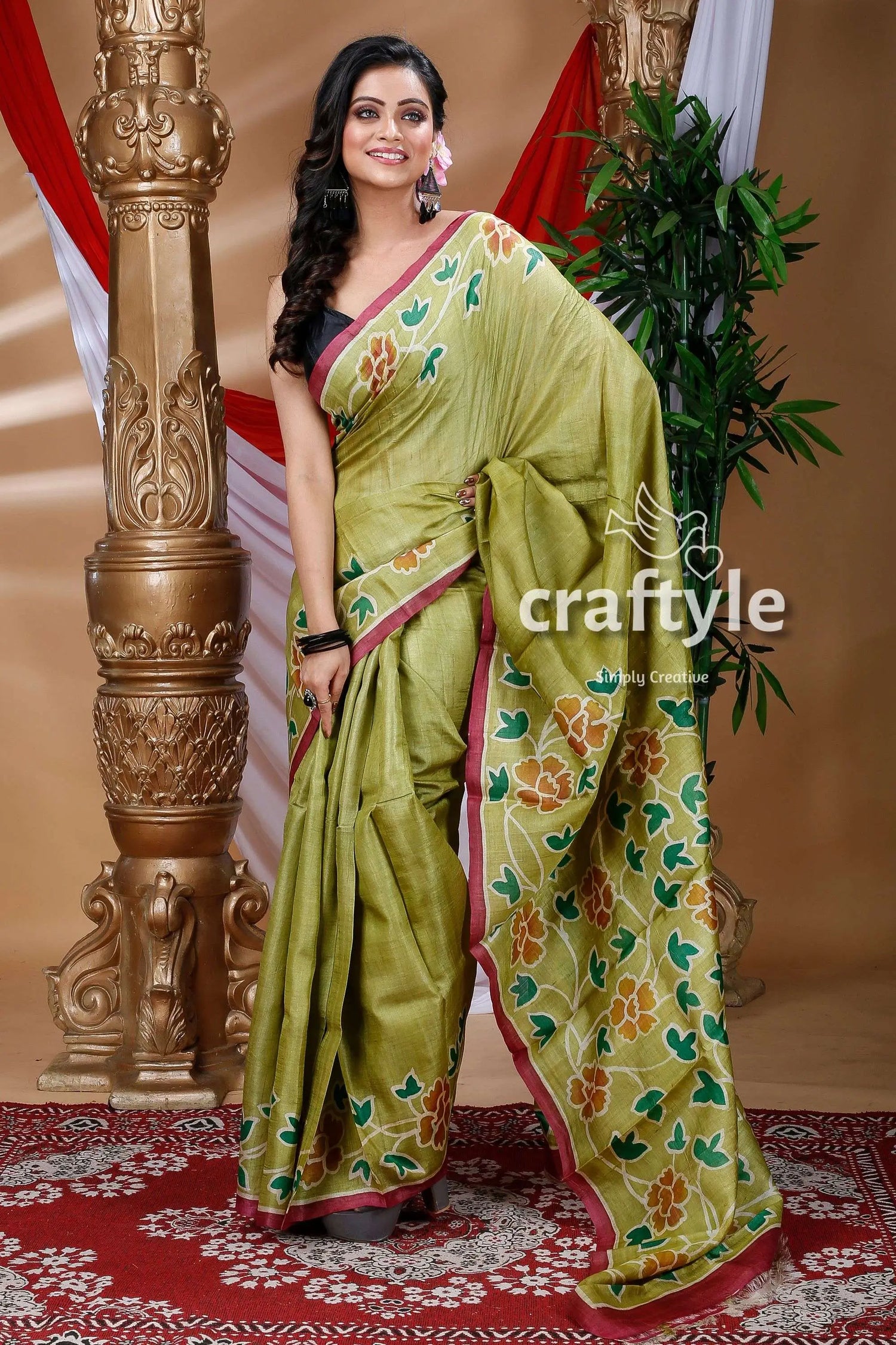 Olive green hand painted pure tussar silk saree green floral-patterned saree 2