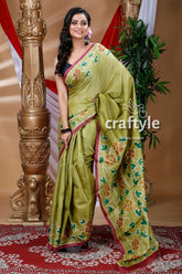 Olive green hand painted pure tussar silk saree green floral-patterned saree 2