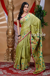 Olive green hand painted pure tussar silk saree green floral-bordered saree 1