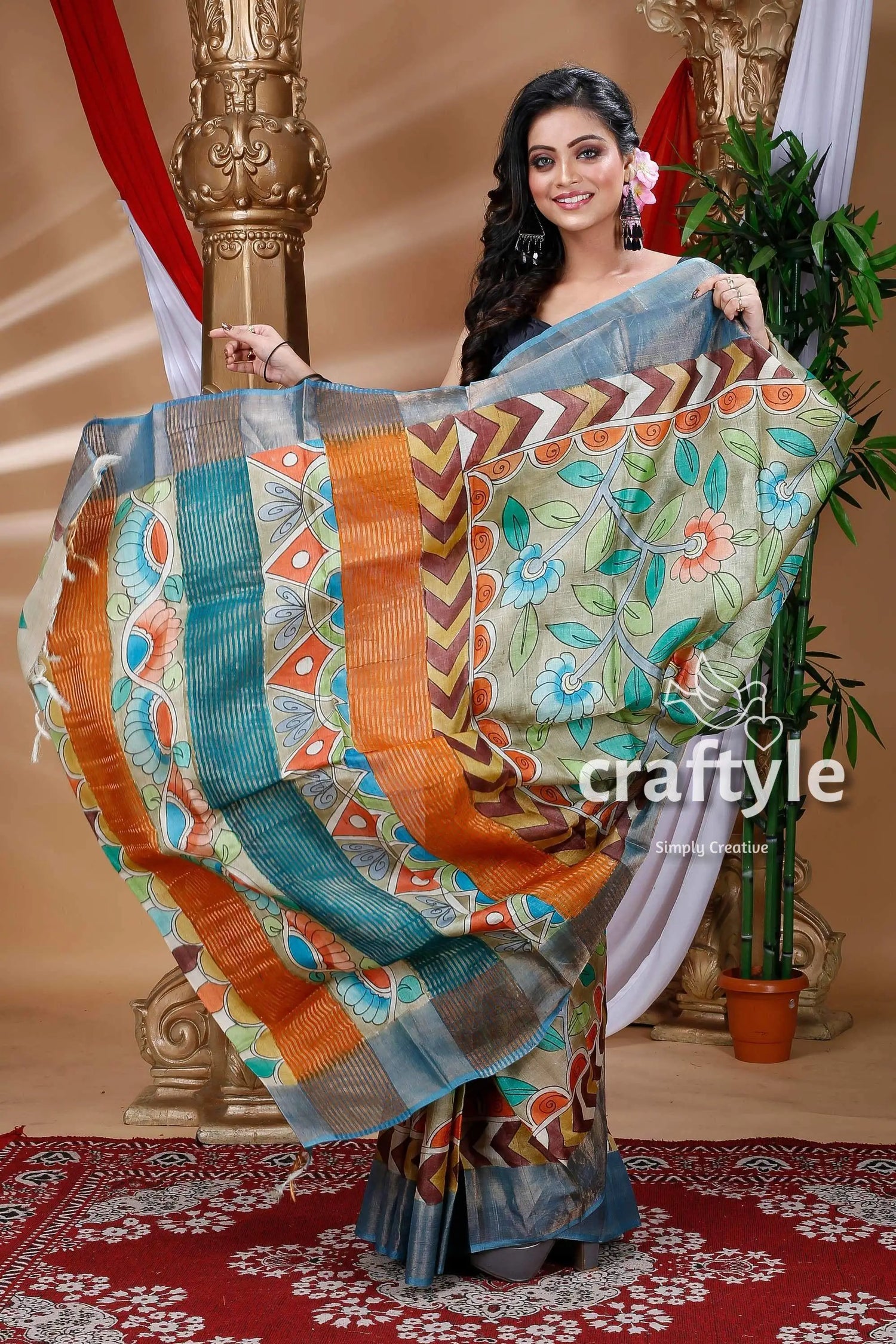 Olive green hand painted zari pure tussar kalamkari sari colorful patterned saree 3